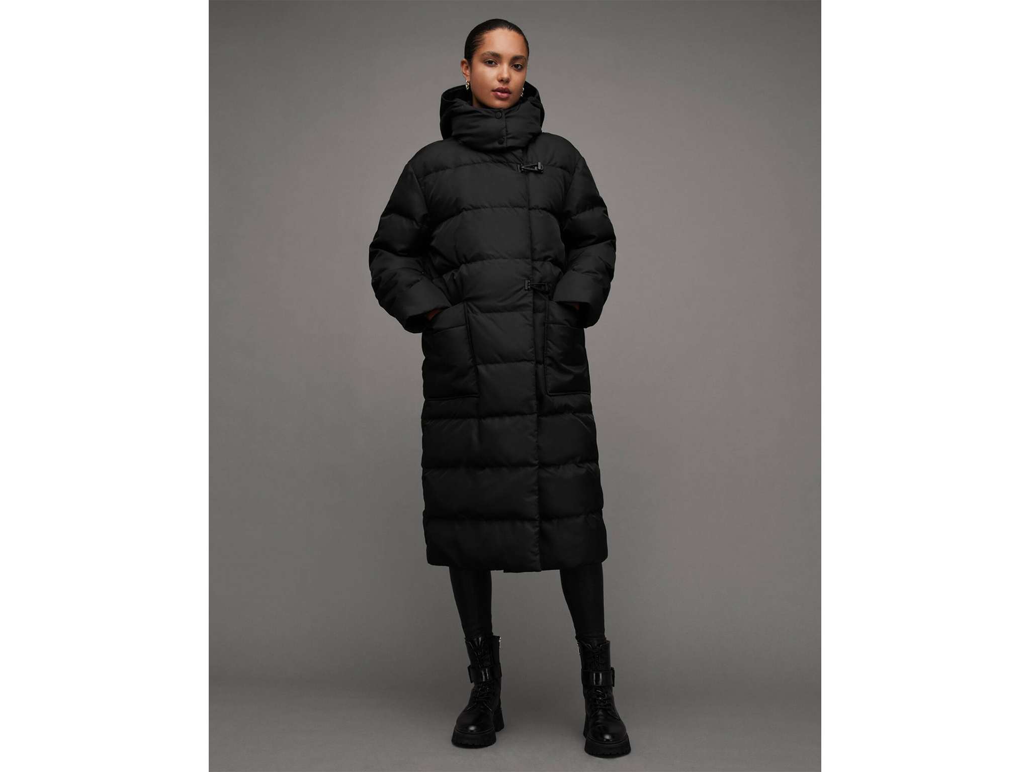 AllSaints Allana oversized long quilt puffer coat-indybest