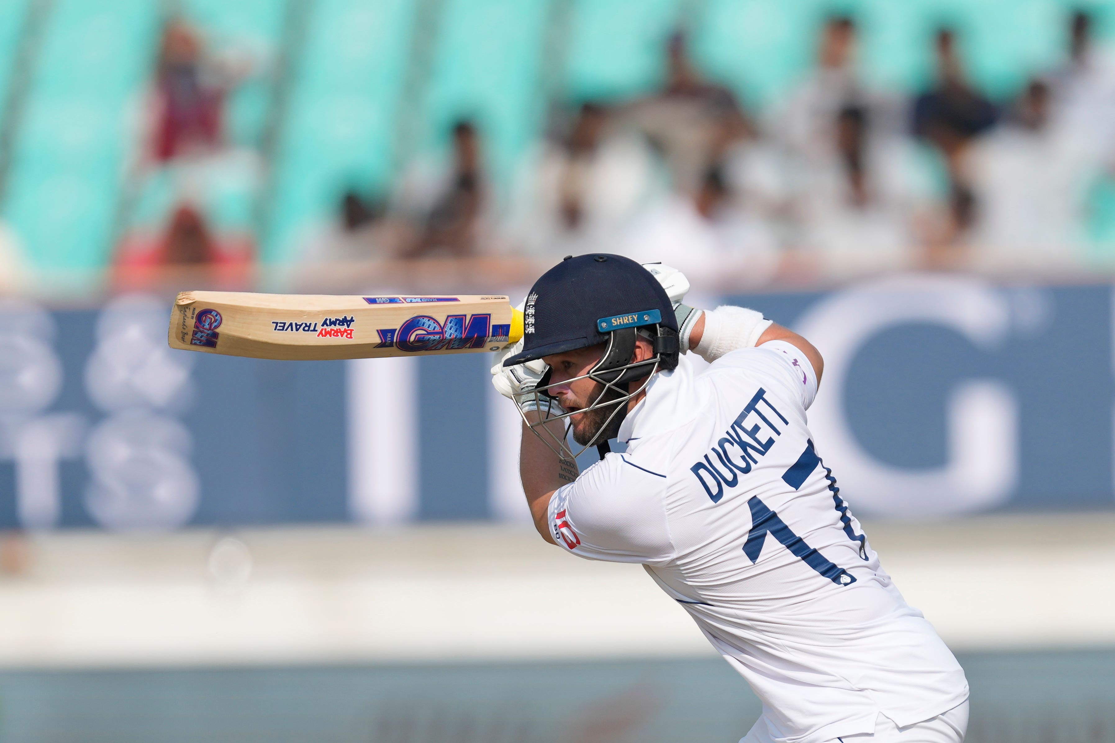 Ben Duckett plays a shot on the second day of the third Test (AP Photo/Ajit Solanki)