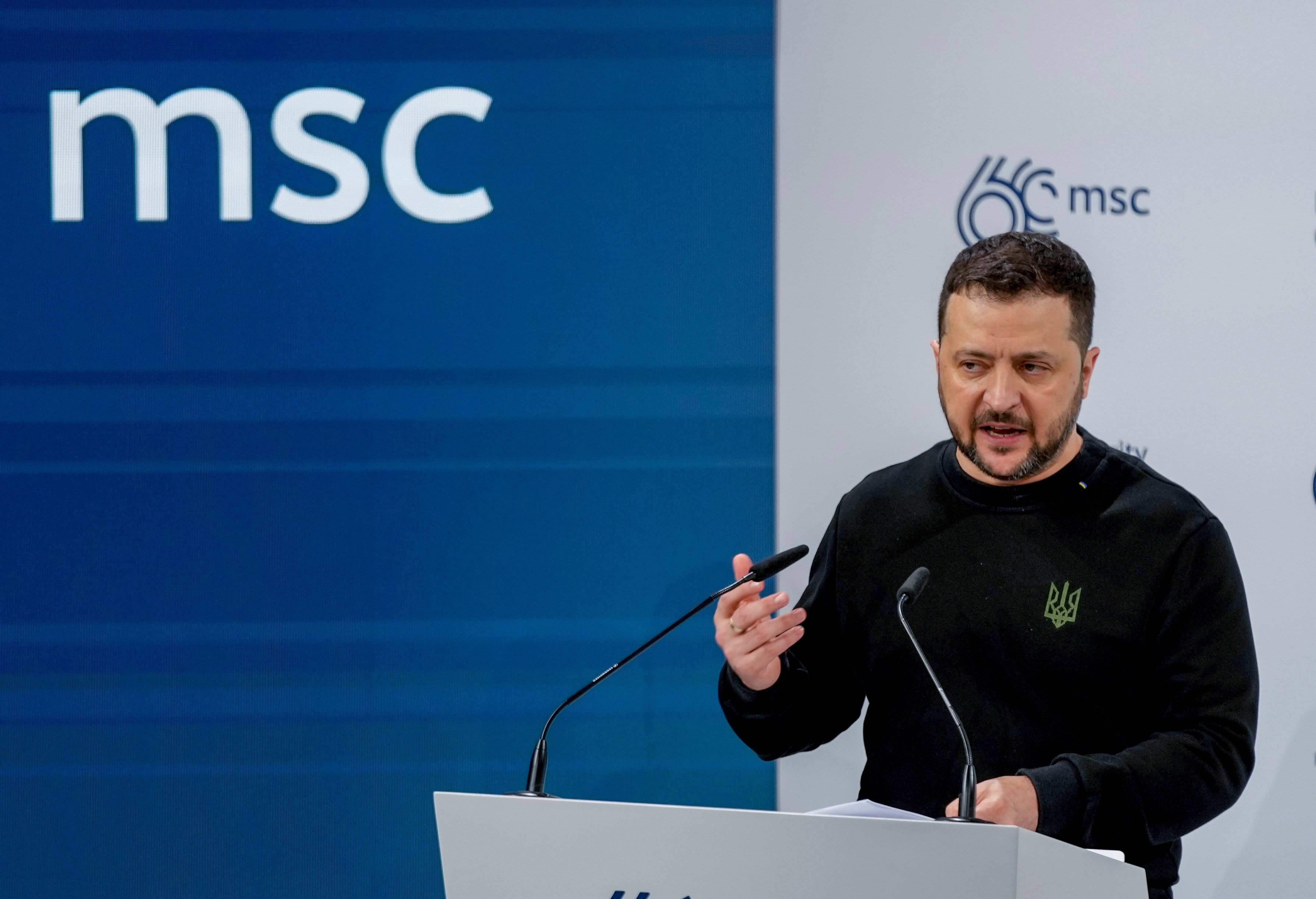 Ukrainian president Volodymyr Zelenskyy delivers a speech at the Munich Security Conference at the Bayerischer Hof Hotel in Munich, Germany