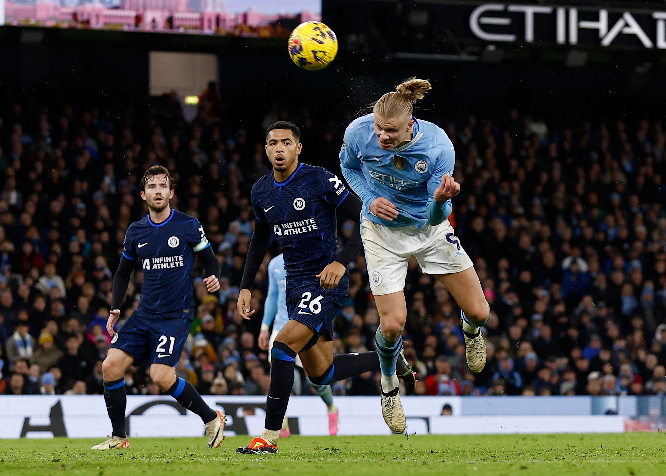 Erling Haaland had three great chances to score but headed all of them over the top