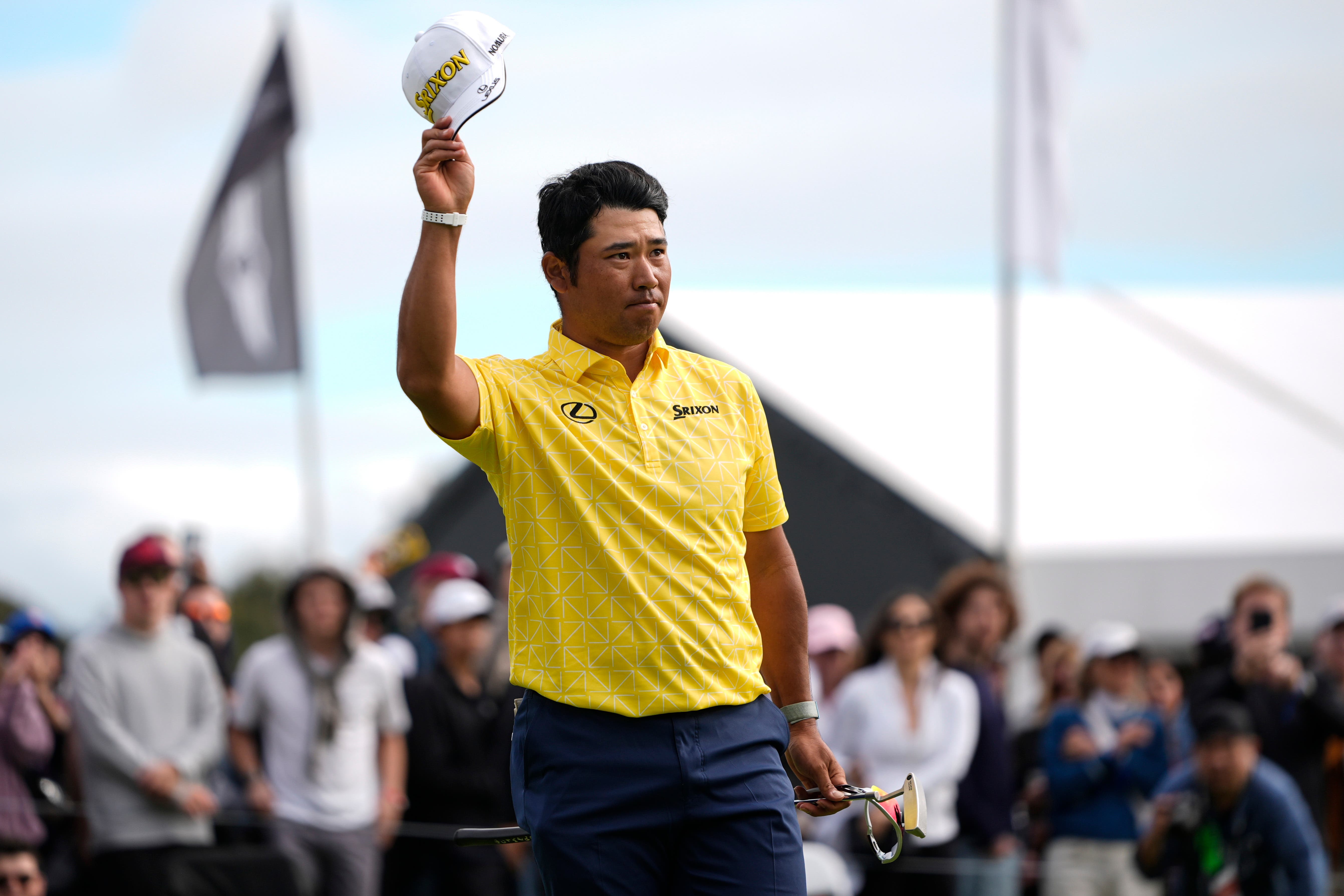 Hideki Matsuyama celebrates on the 18th green after winning the Genesis Invitational with a closing 62 at Riviera Country Club (Ryan Sun/AP)