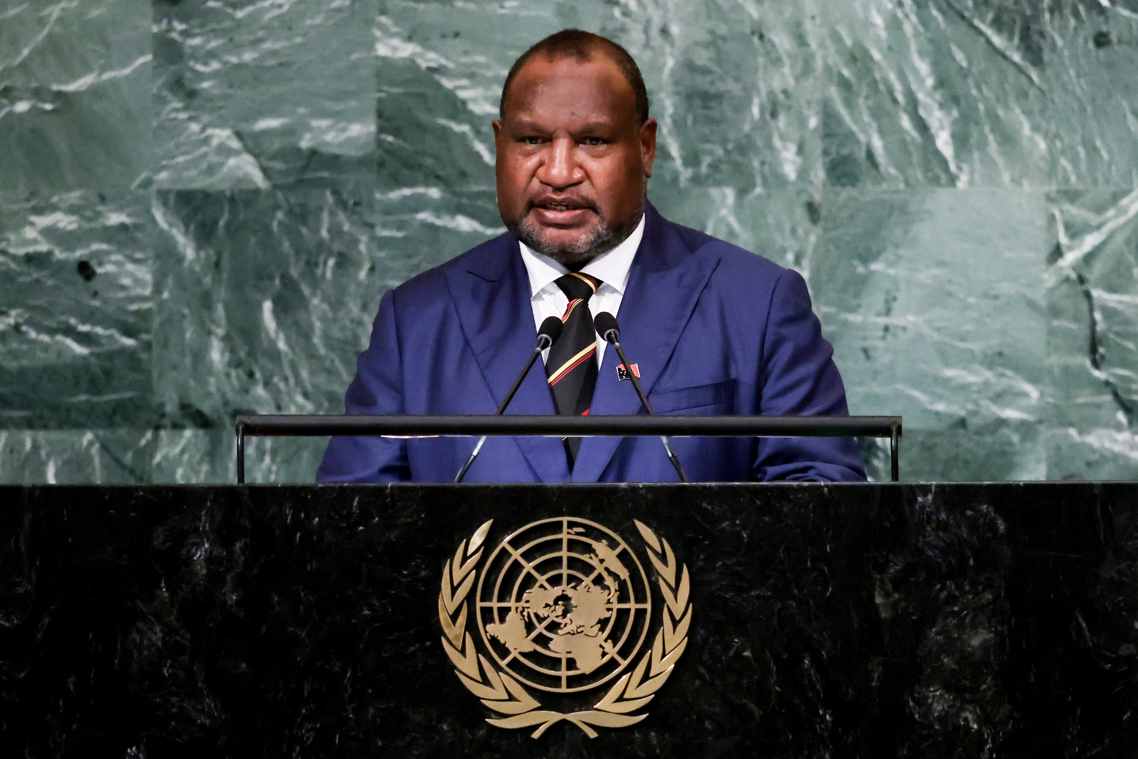 Prime Minister of Papua New Guinea James Marape addresses the 77th session of the United Nations General Assembly