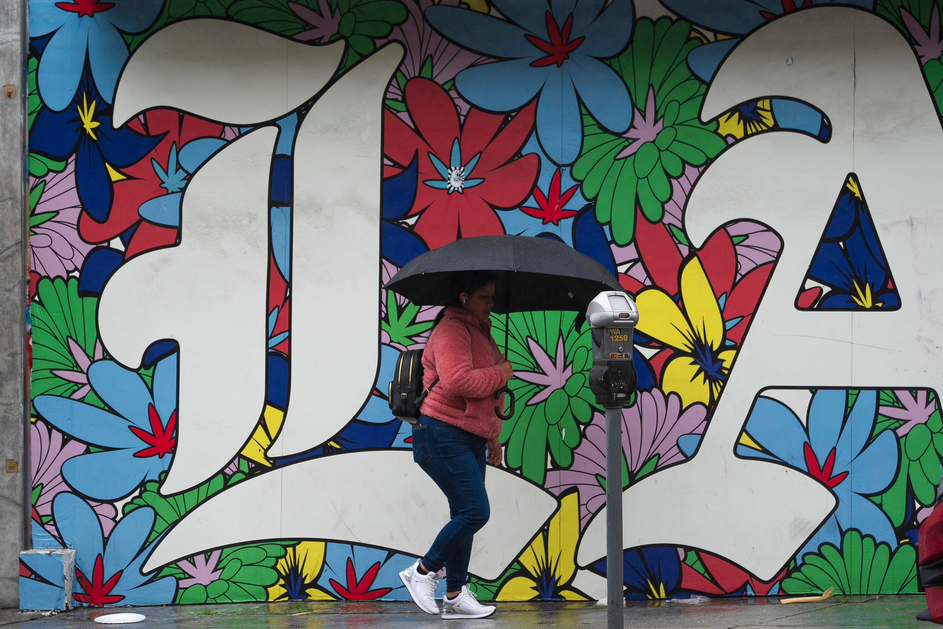 A woman walks with an umbrella in Los Angeles on 19 February 2024