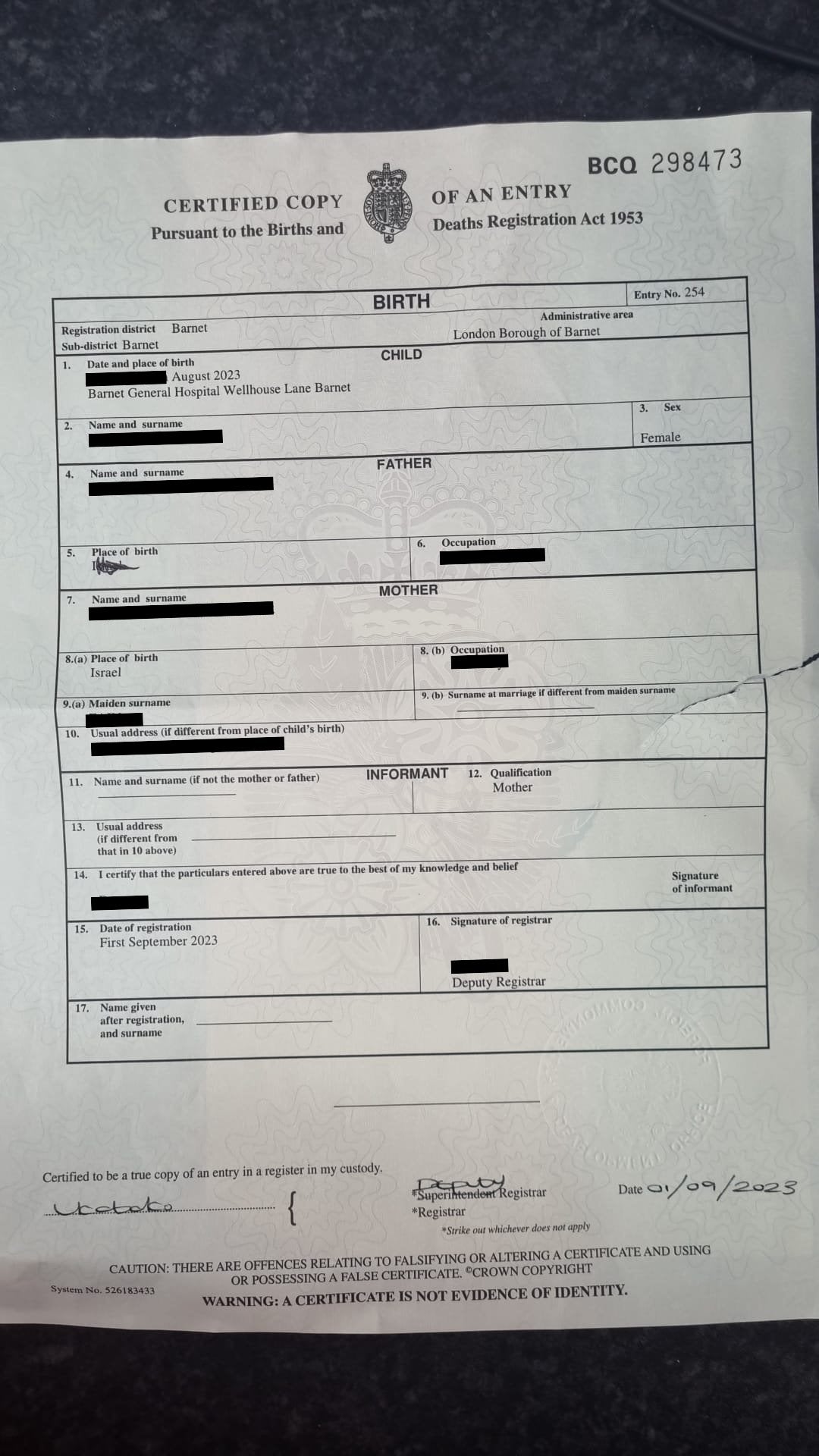 The Home Office is to launch an investigation over a baby’s birth certificate being returned to her parents ‘with the word Israel scribbled out’