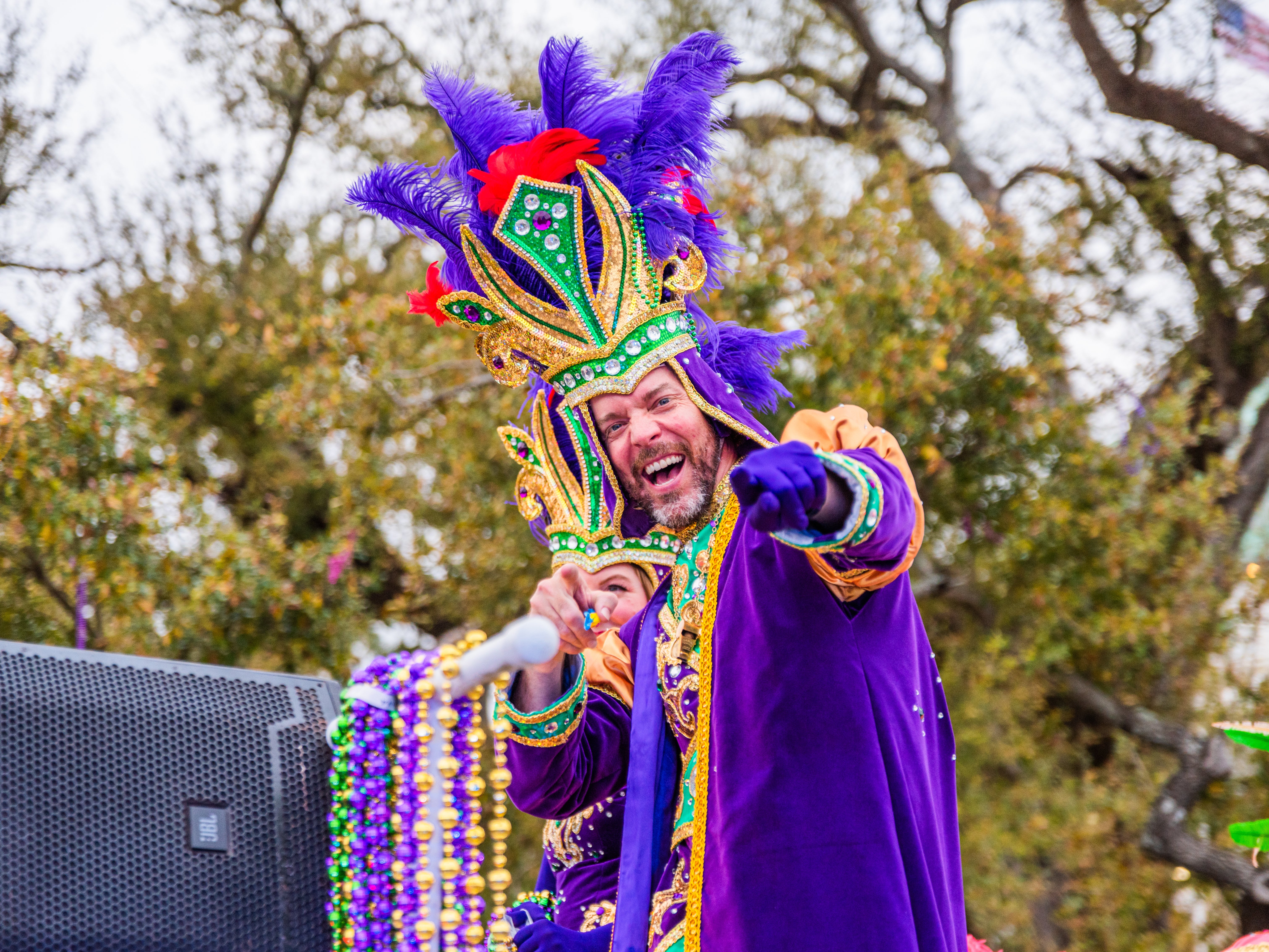 A krewe member at the main Lake Charles Mardi Gras parade