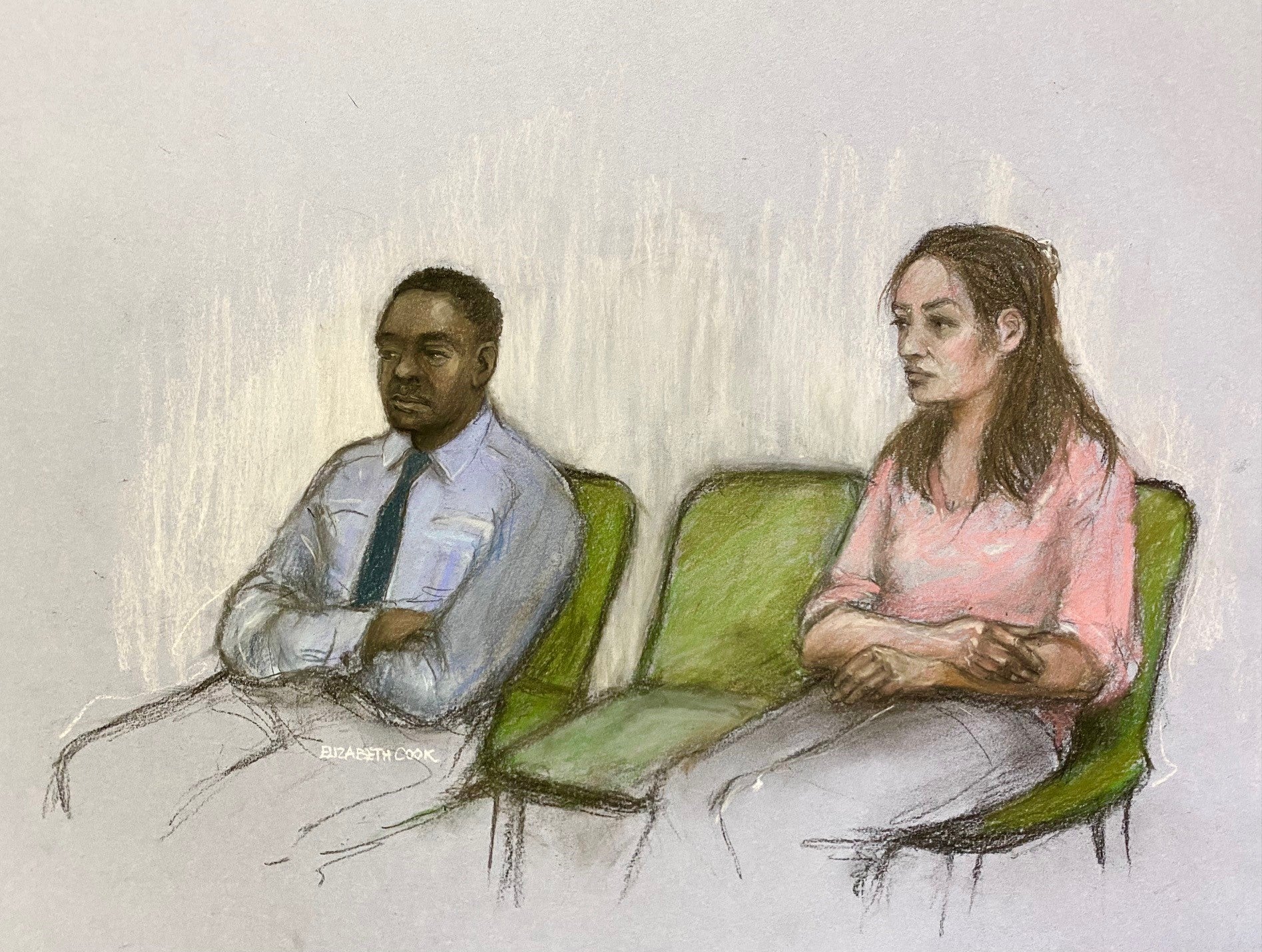 Court artist sketch of Mark Gordon and Constance Marten, at the Old Bailey, London.