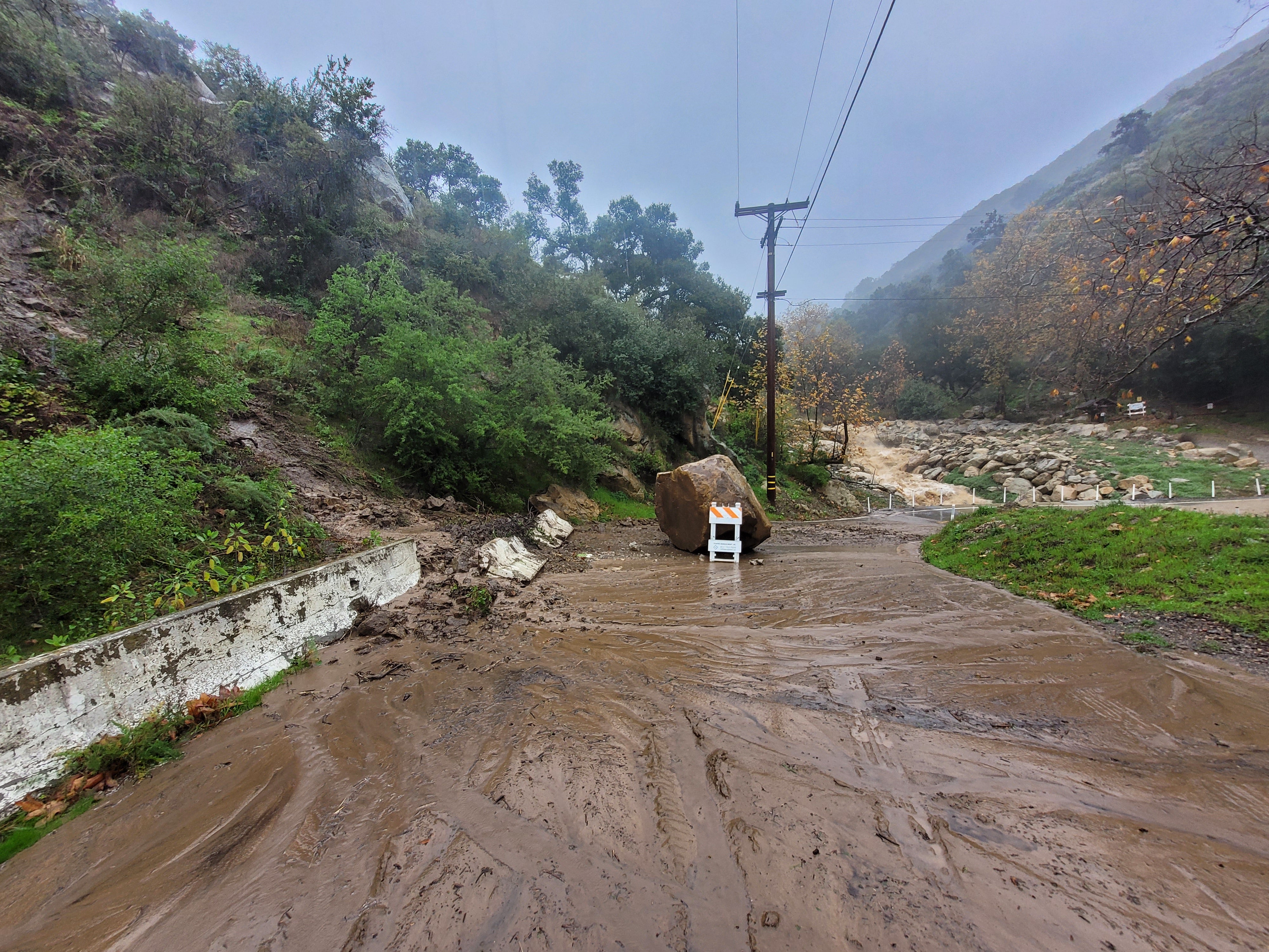 A blocked roadway in Santa Barbara County, California on 19 February 2024