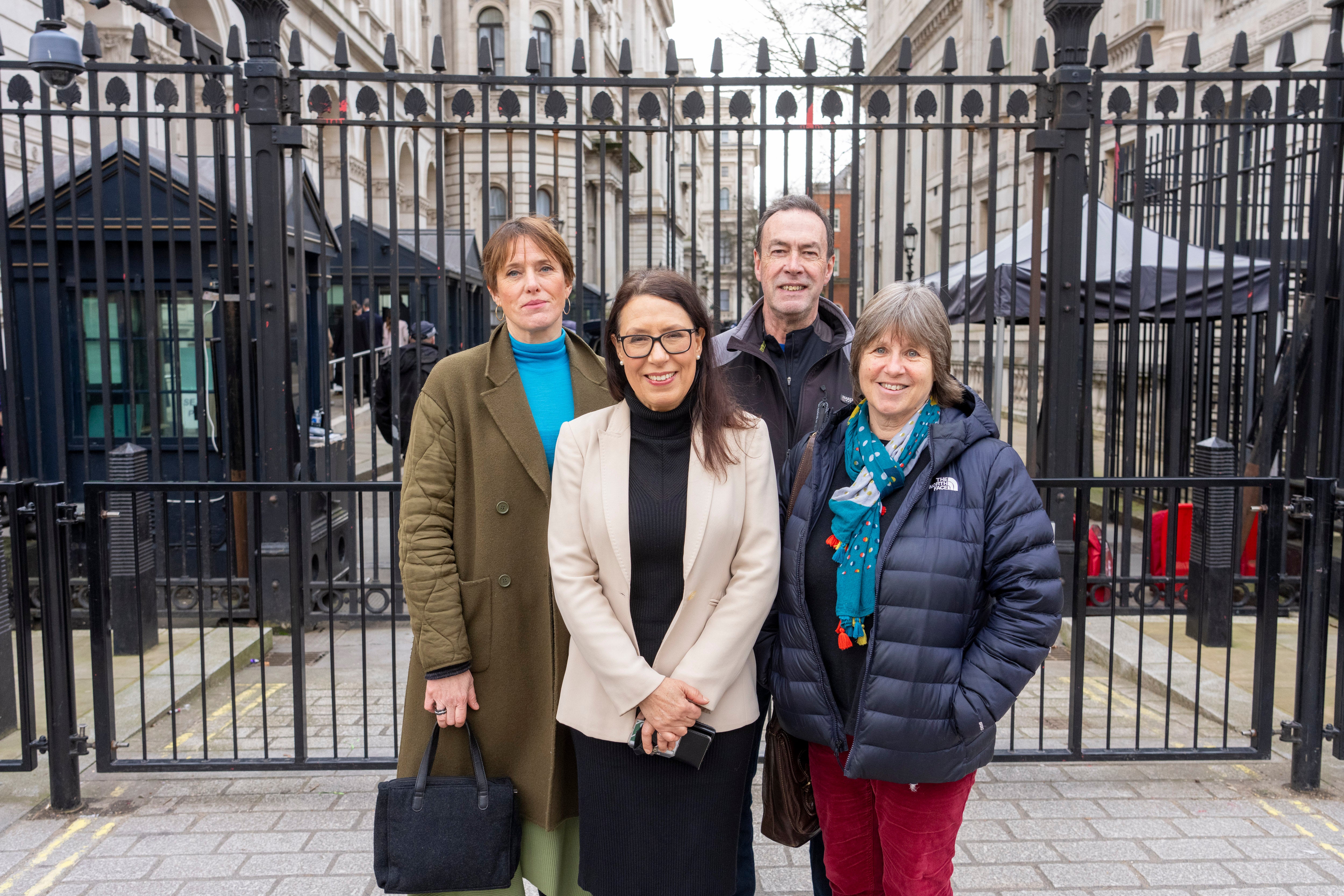 The Filo Project’s Dr Liz Dennis, Libby Price with Peter Kempton whose mother attended a Filo Group, with Debbie Abrahams MP outside Downing Street