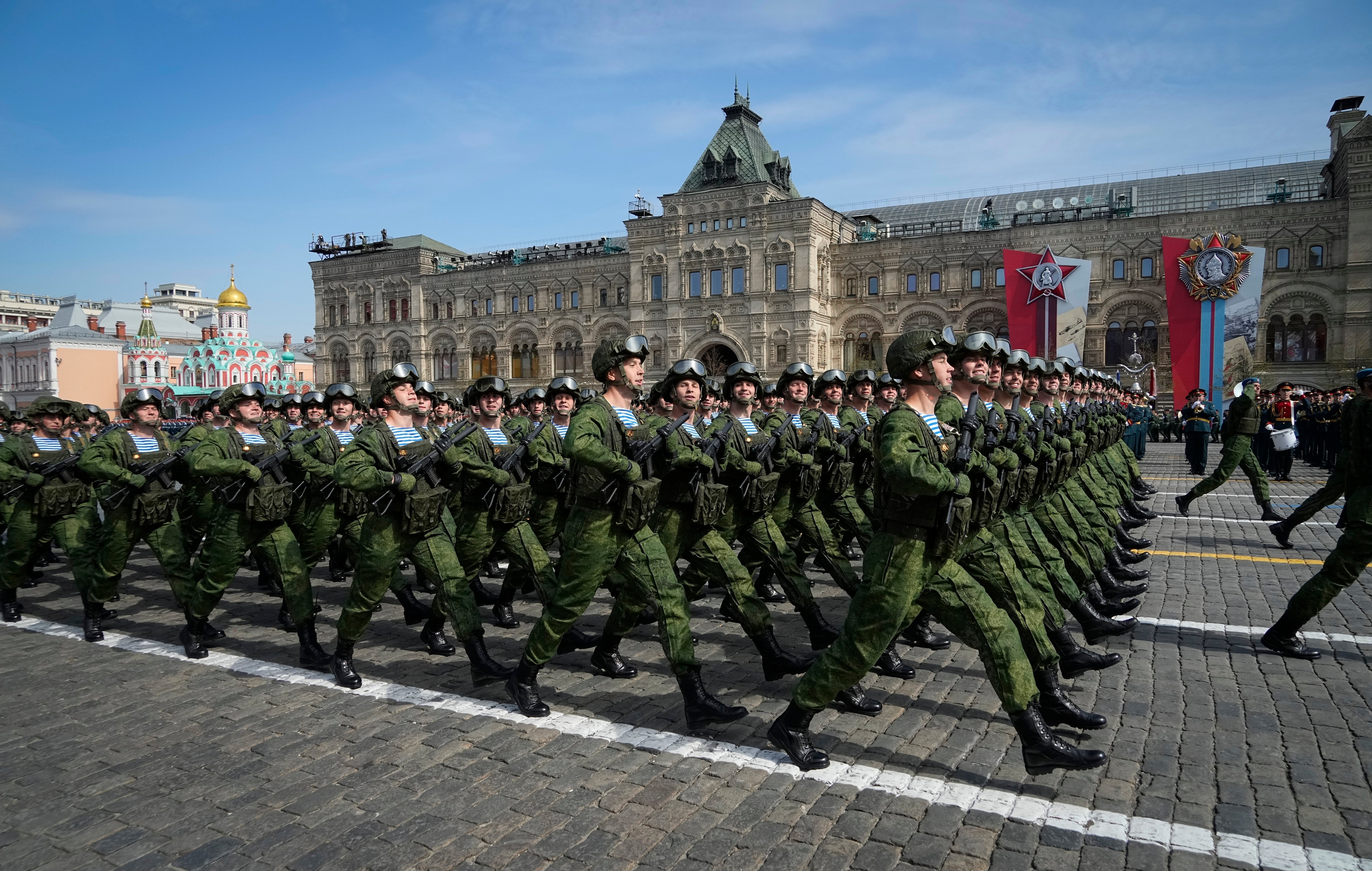 Russian servicemen march during a dress rehearsal for the Victory Day military parade in Moscow