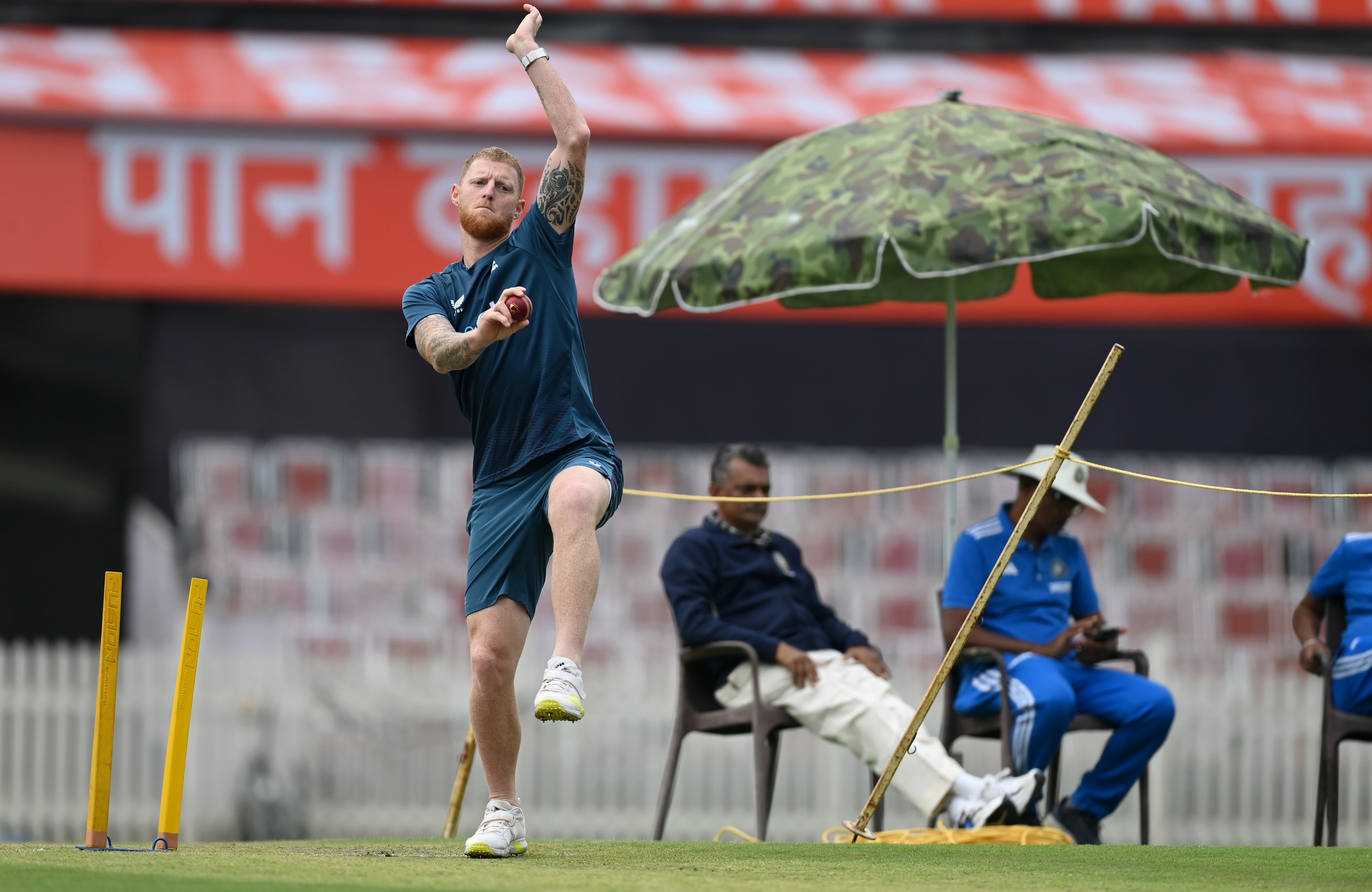 Stokes bowls during a nets session at JSCA International Stadium Complex