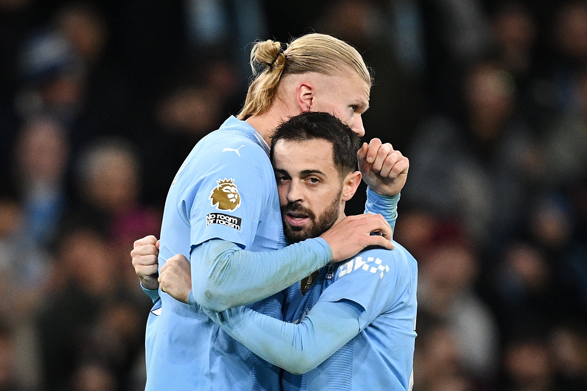 Erling Haaland and Bernardo Silva embrace after the Norwegian’s goal against Brentford