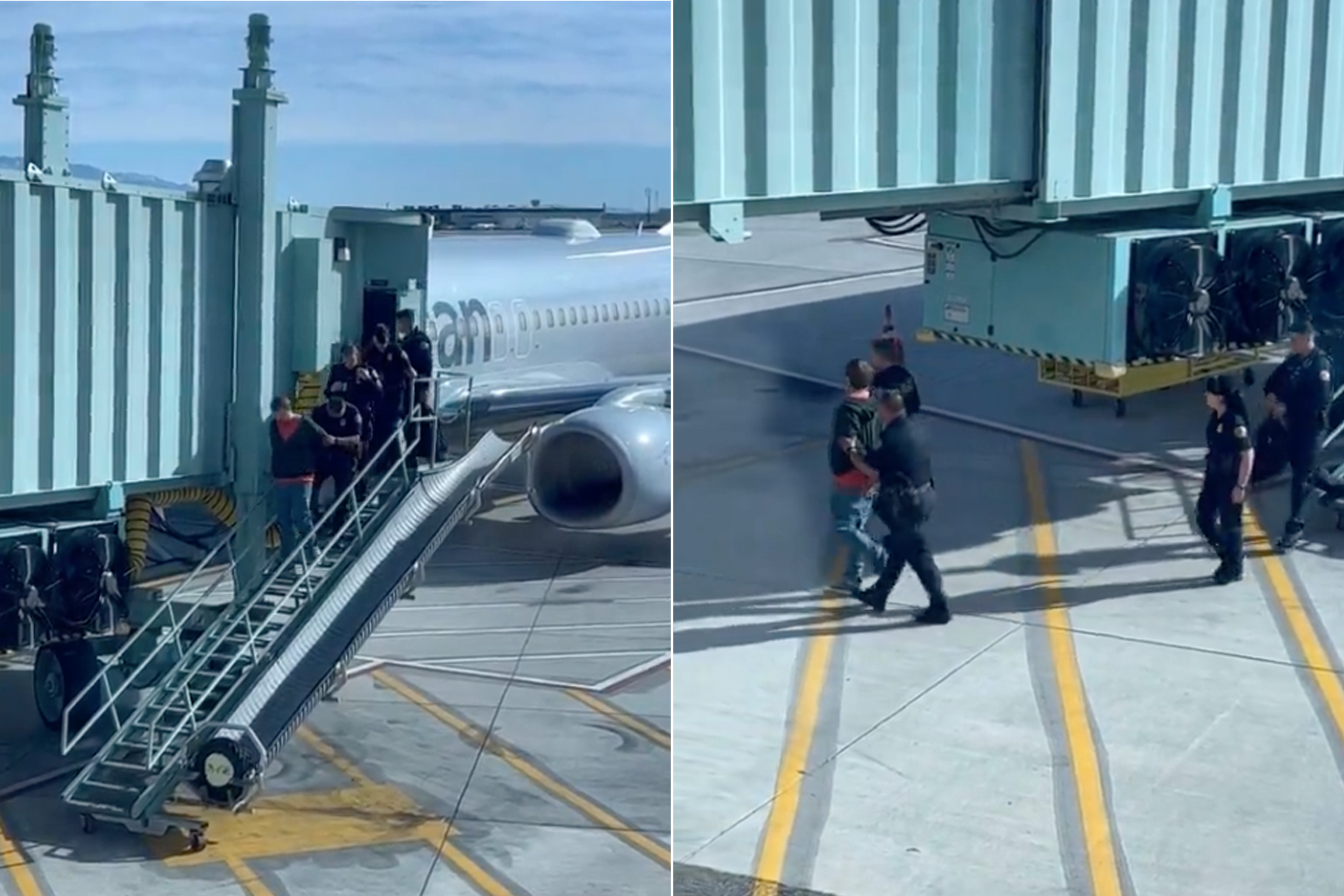 Four law enforcement officers escorted the man to the tarmac