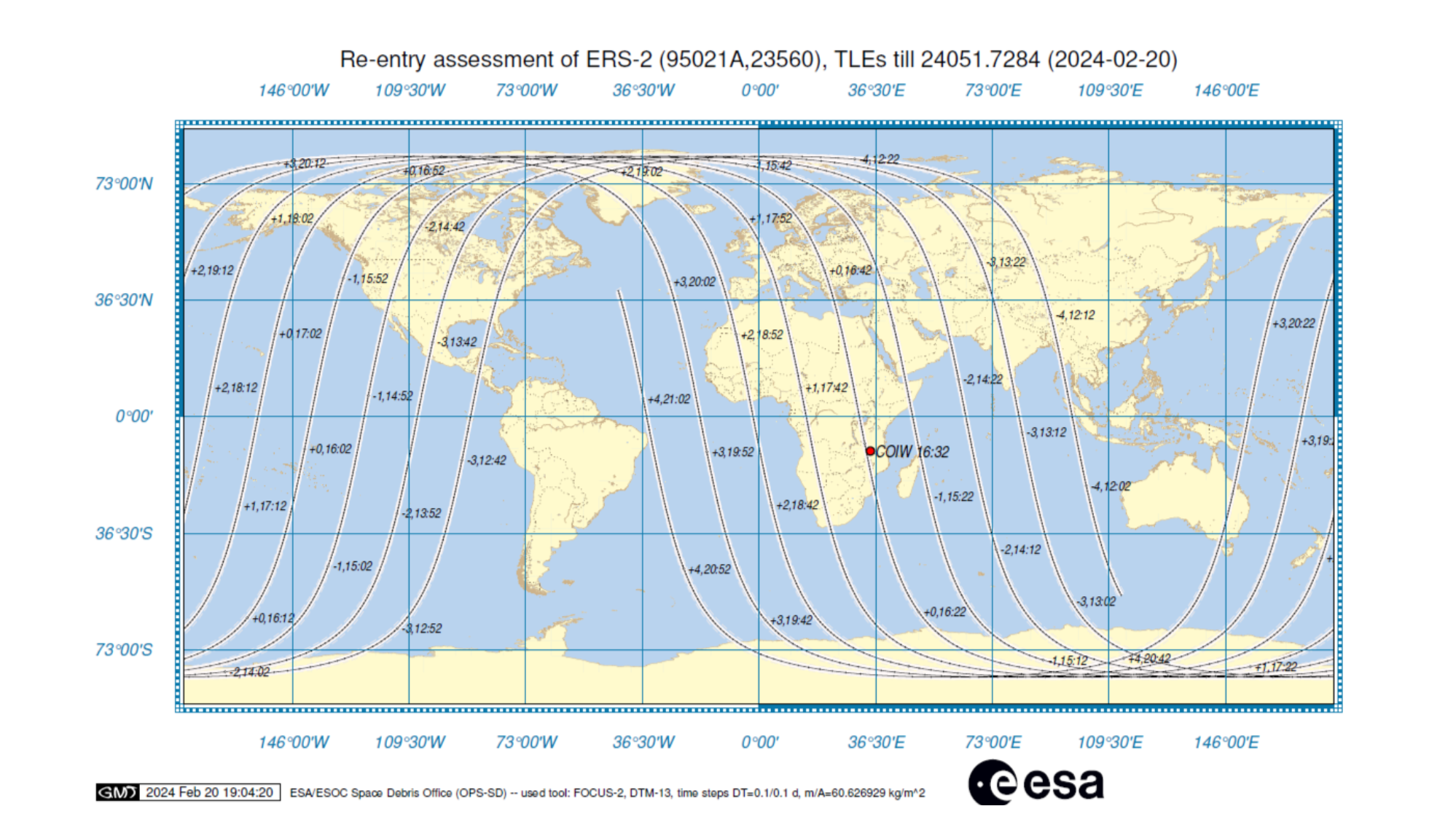 A map showing potential reentry points for the ERS-2 satellite on 21 February, 2024