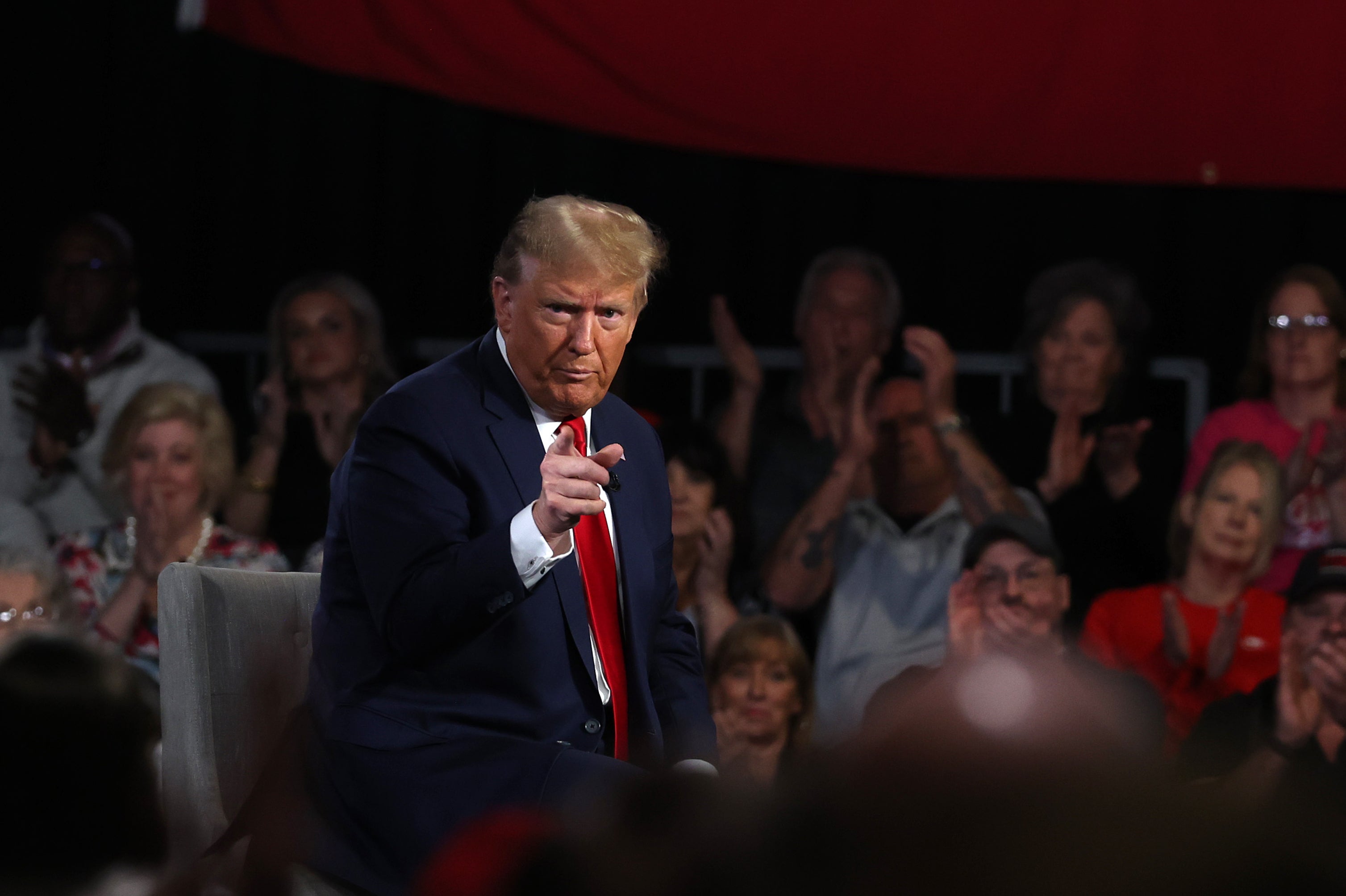 Republican presidential candidate, former U.S. President Donald Trump speaks during a Fox News town hall at the Greenville Convention Center on February 20, 2024 in Greenville, South Carolina