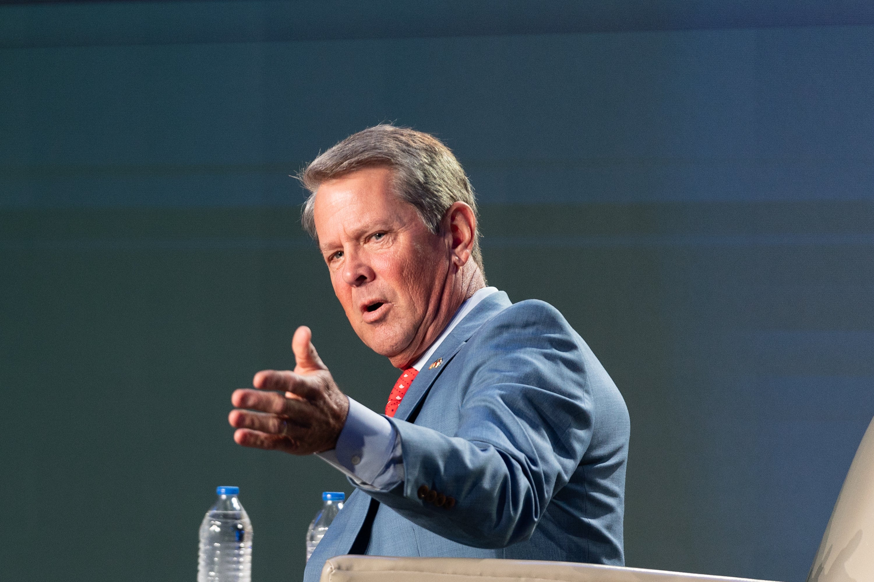 Republican Gov. Brian Kemp speaks at an event hosted by Conservative radio host Erick Erickson on August 18, 2023 in Atlanta, Georgia.