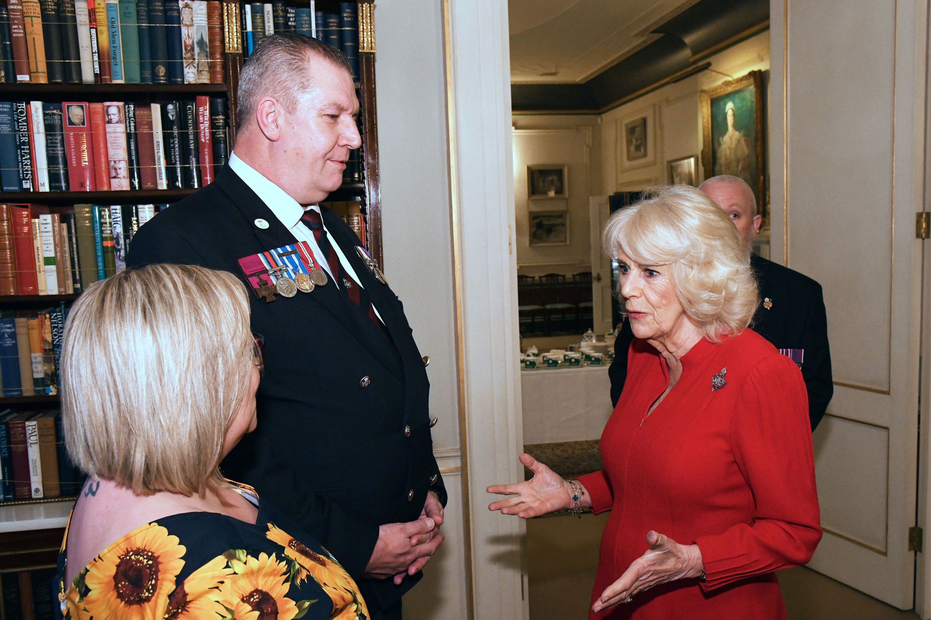 Camilla talks to Duane and Caroline Ashworth (John Stillwell/PA)