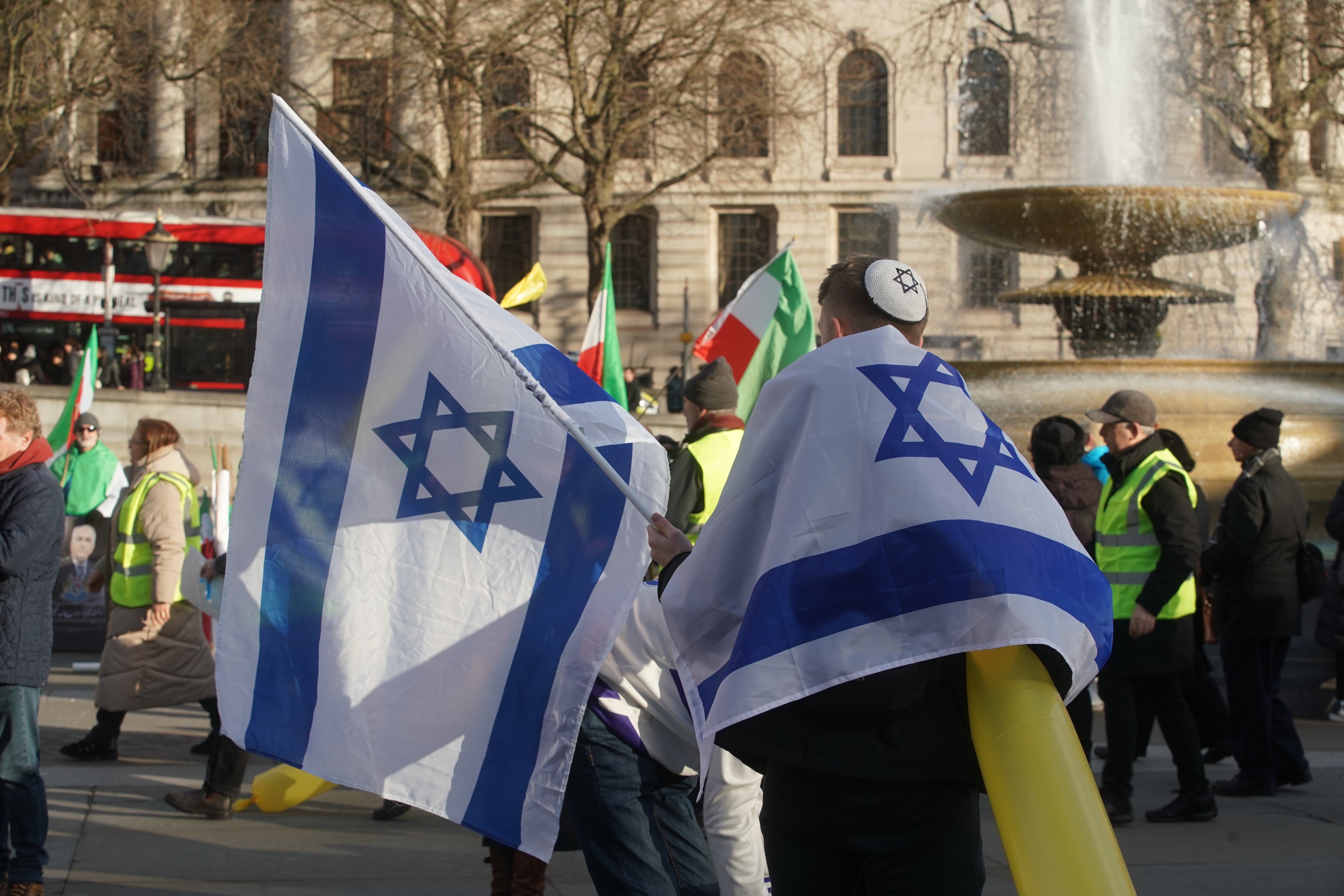 Israeli flags at a protest in 2024