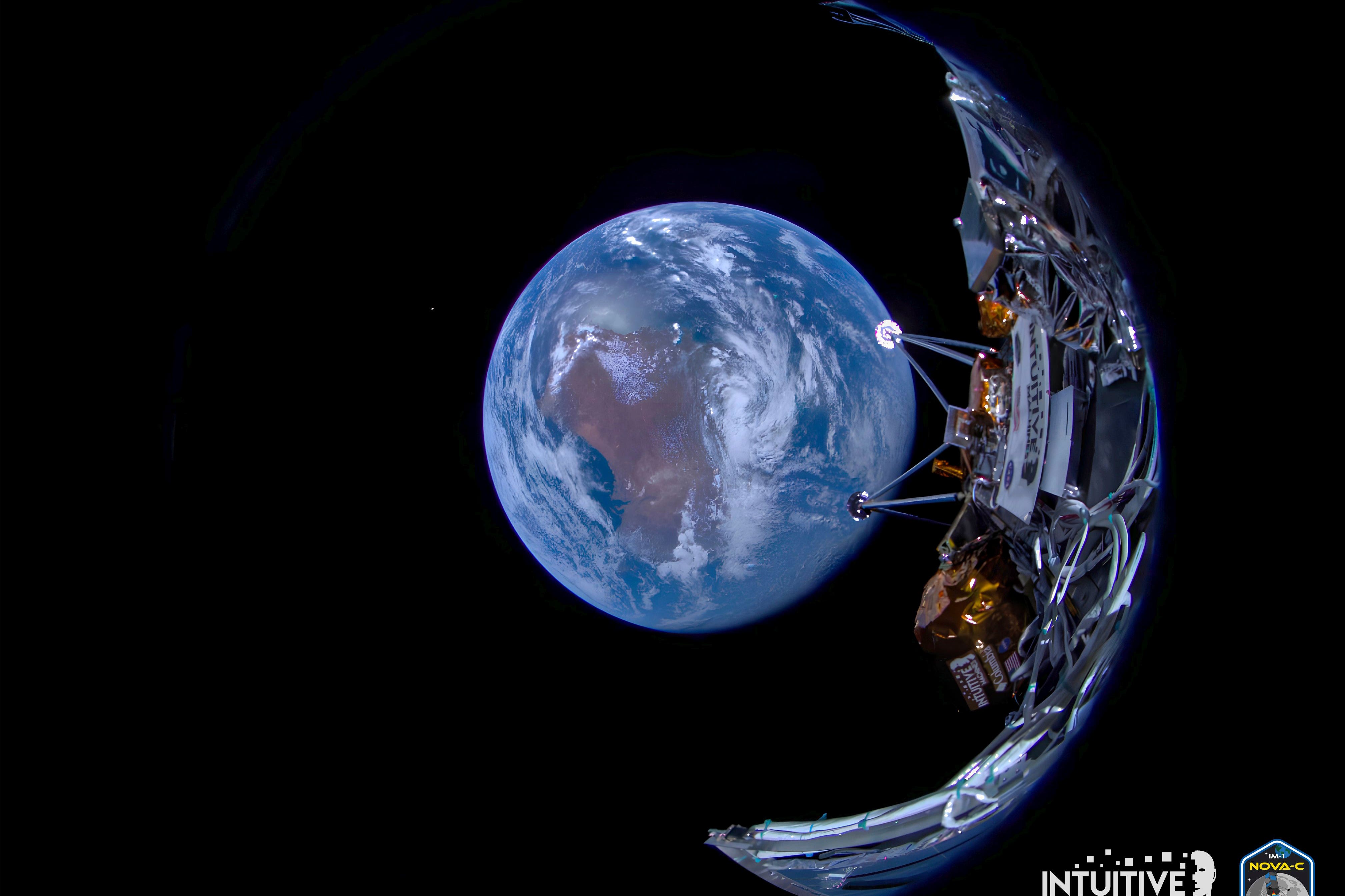 The Odysseus lunar lander with the Earth in the background on February 16 (Intuitive Machines via AP)