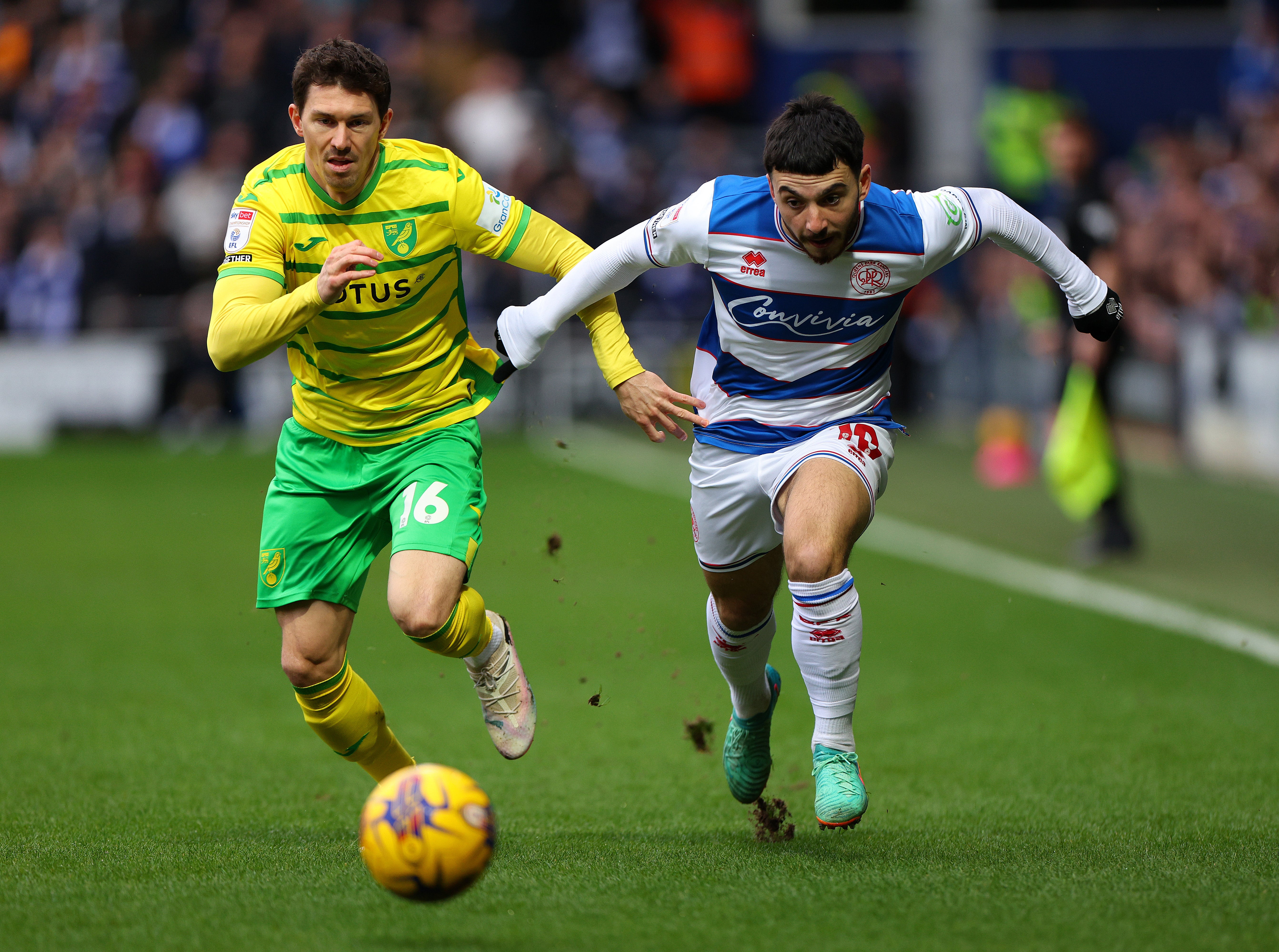 Christian Fassnacht of Norwich City and Ilias Chair of Queens Park Rangers battle for the ball