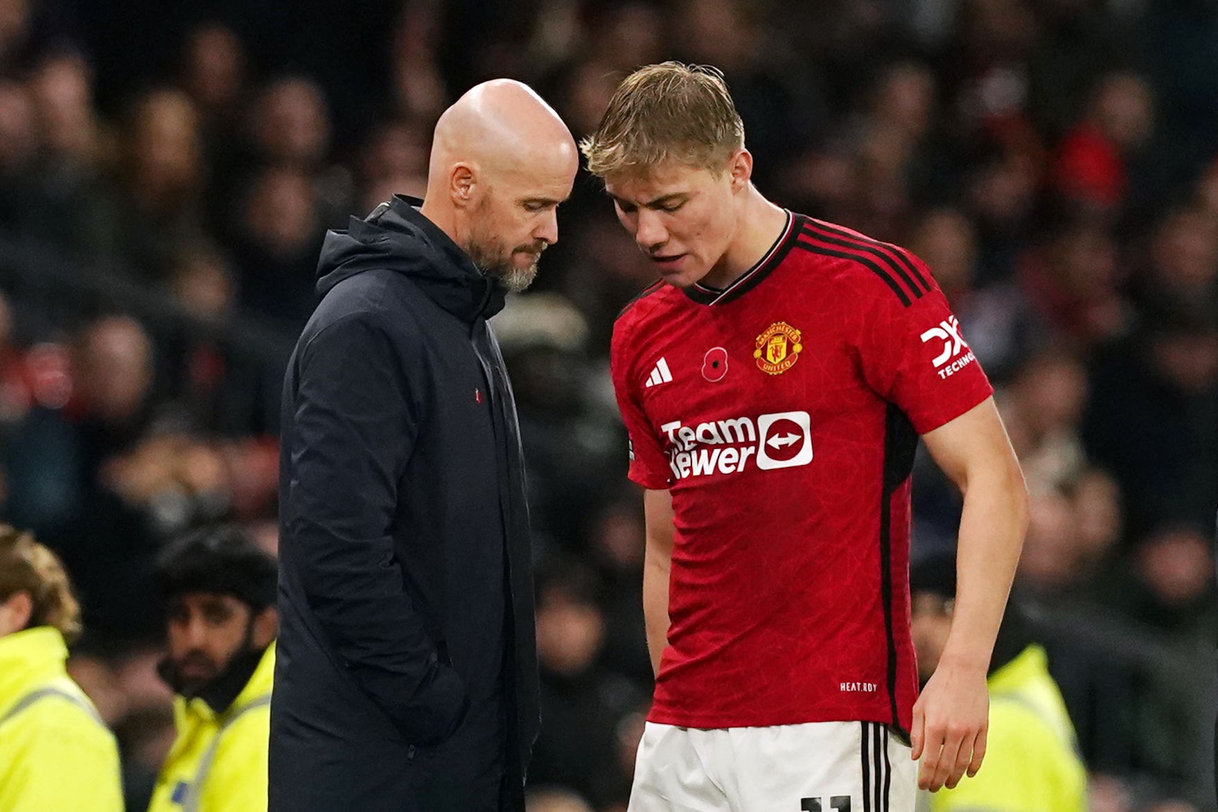 An injury to Rasmus Hojlund, right, has left Erik ten Hag with a headache in attack (Martin Rickett/PA)