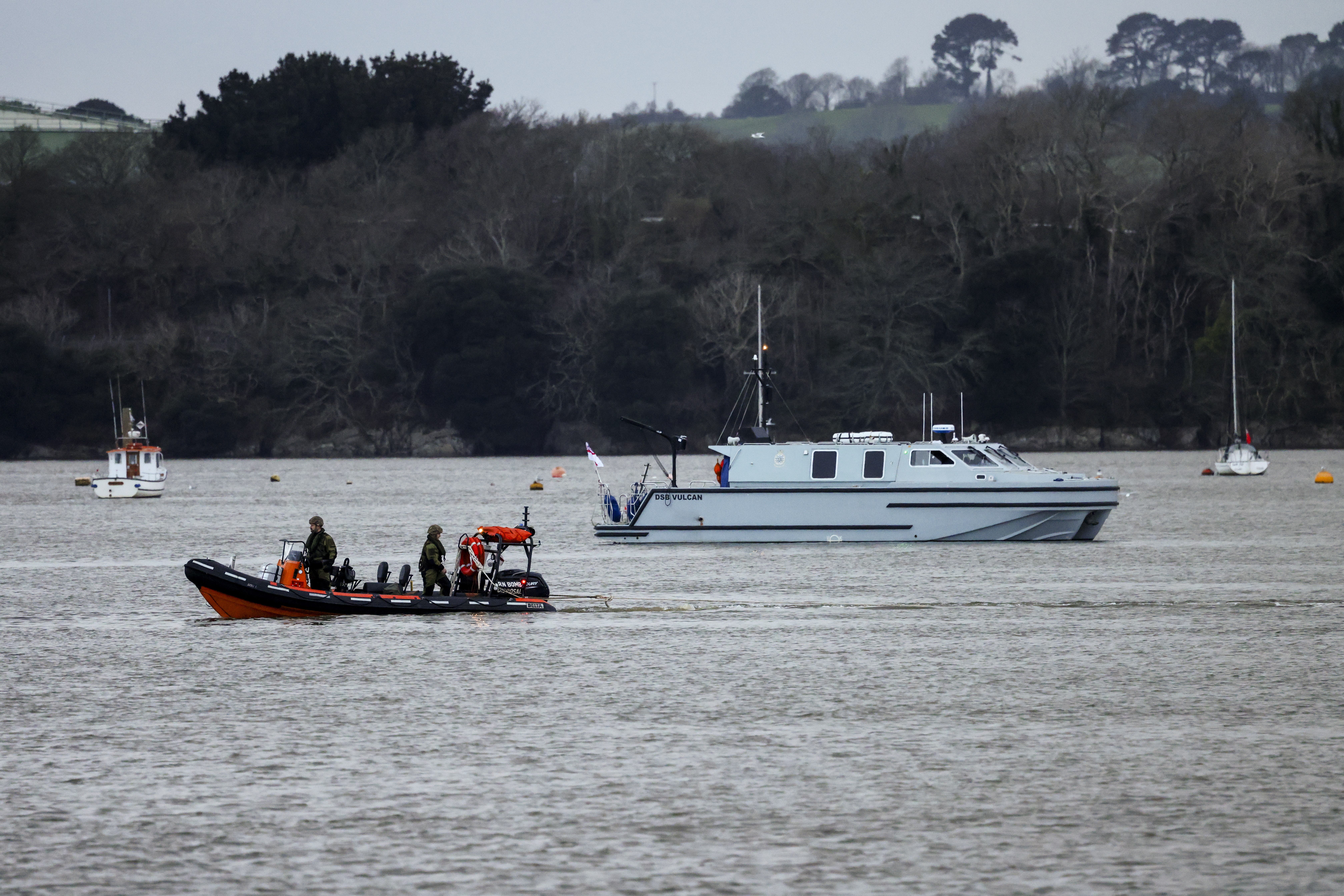 Handout photo issued by the Ministry of Defence (MOD) of the Royal Navy Bomb Disposal Team leaving the slip to Torpoint Ferry as they dispose of the WWII bomb discovered in Keyham in Plymouth on Friday (LPhot Barry Swainsbury/MOD Crown /PA)