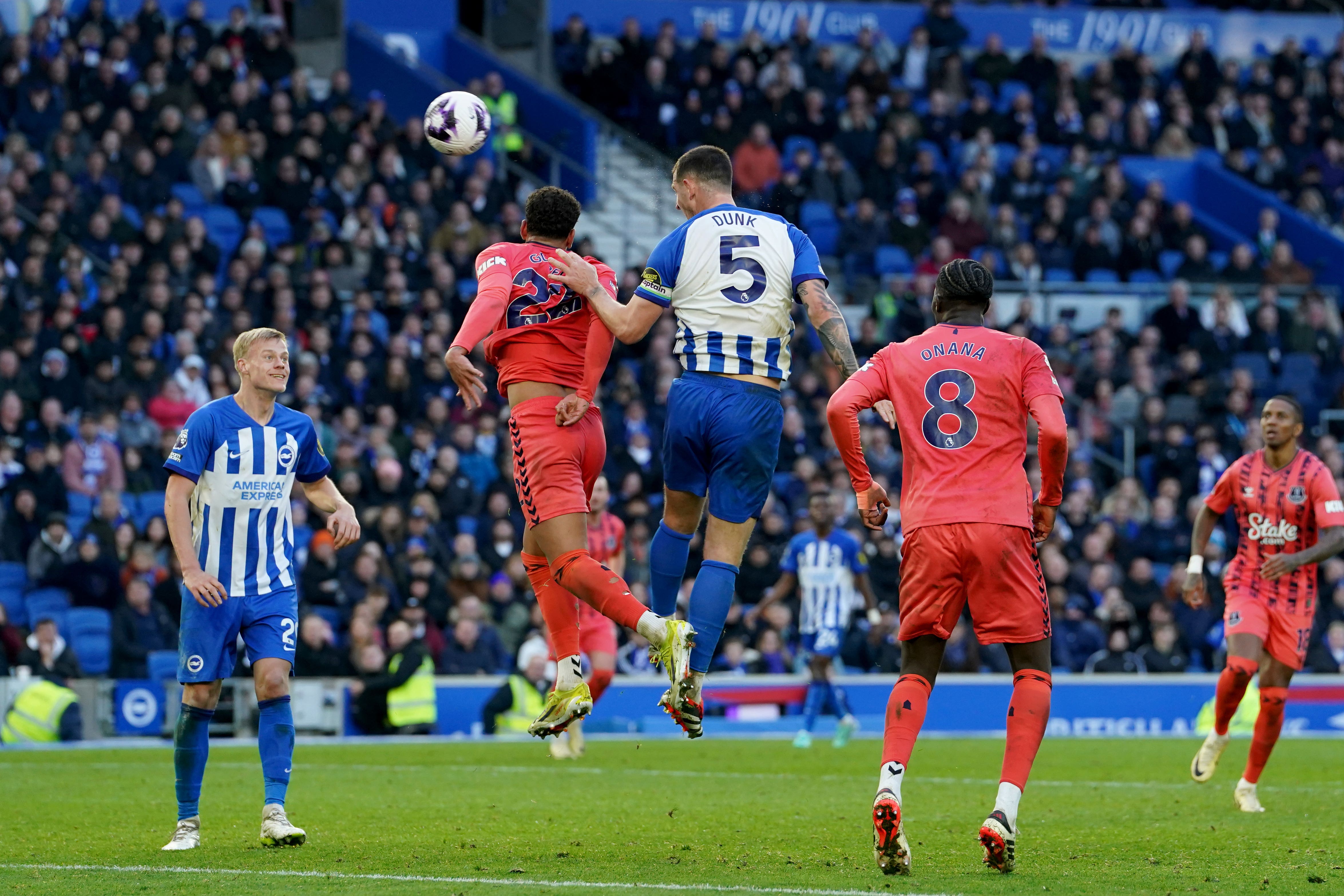 Lewis Dunk (centre right) heads Brighton’s equaliser (Gareth Fuller/PA).