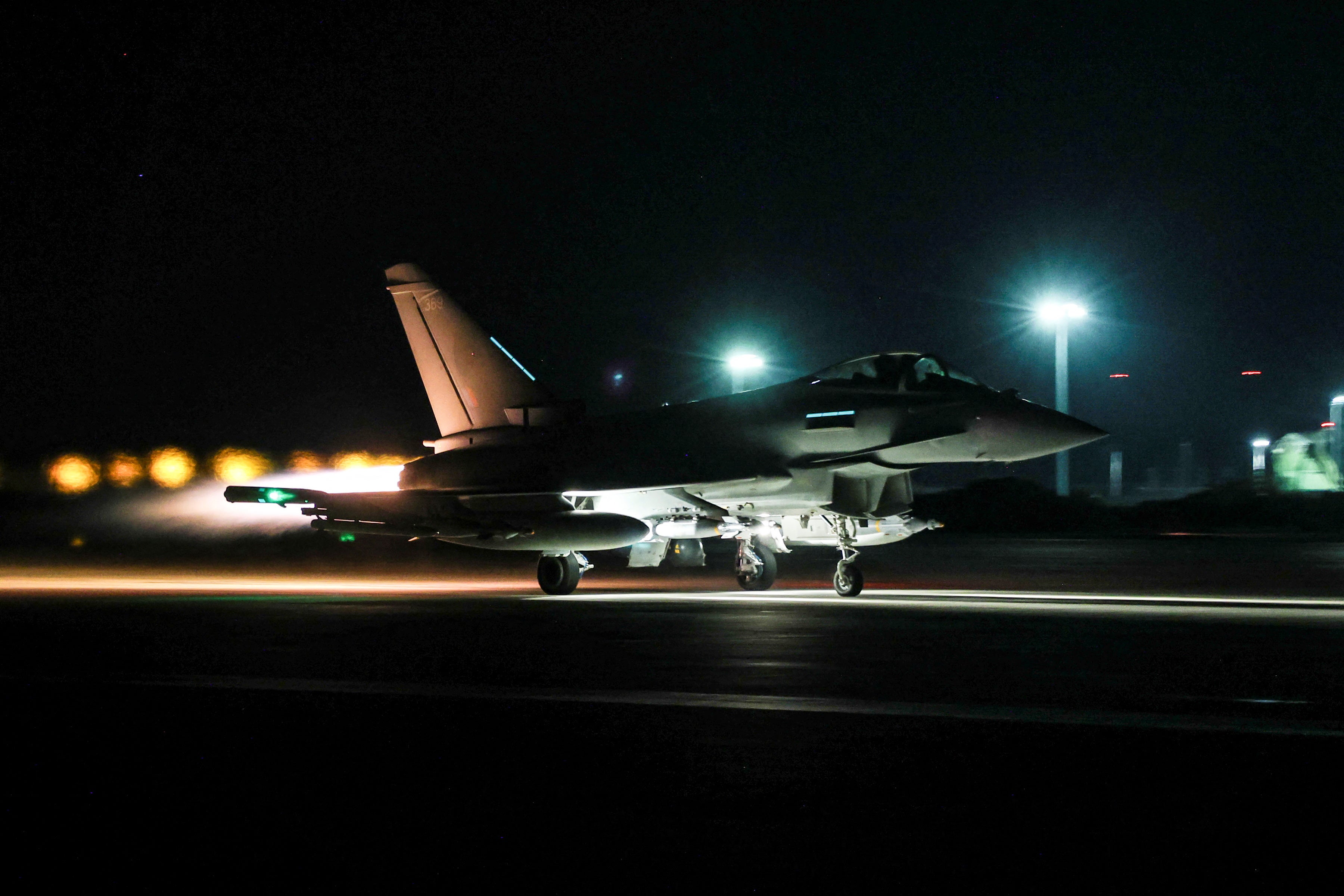 A Royal Air Force Typhoon aircraft is prepared to conduct further strikes against Houthi targets, 24 February 2024