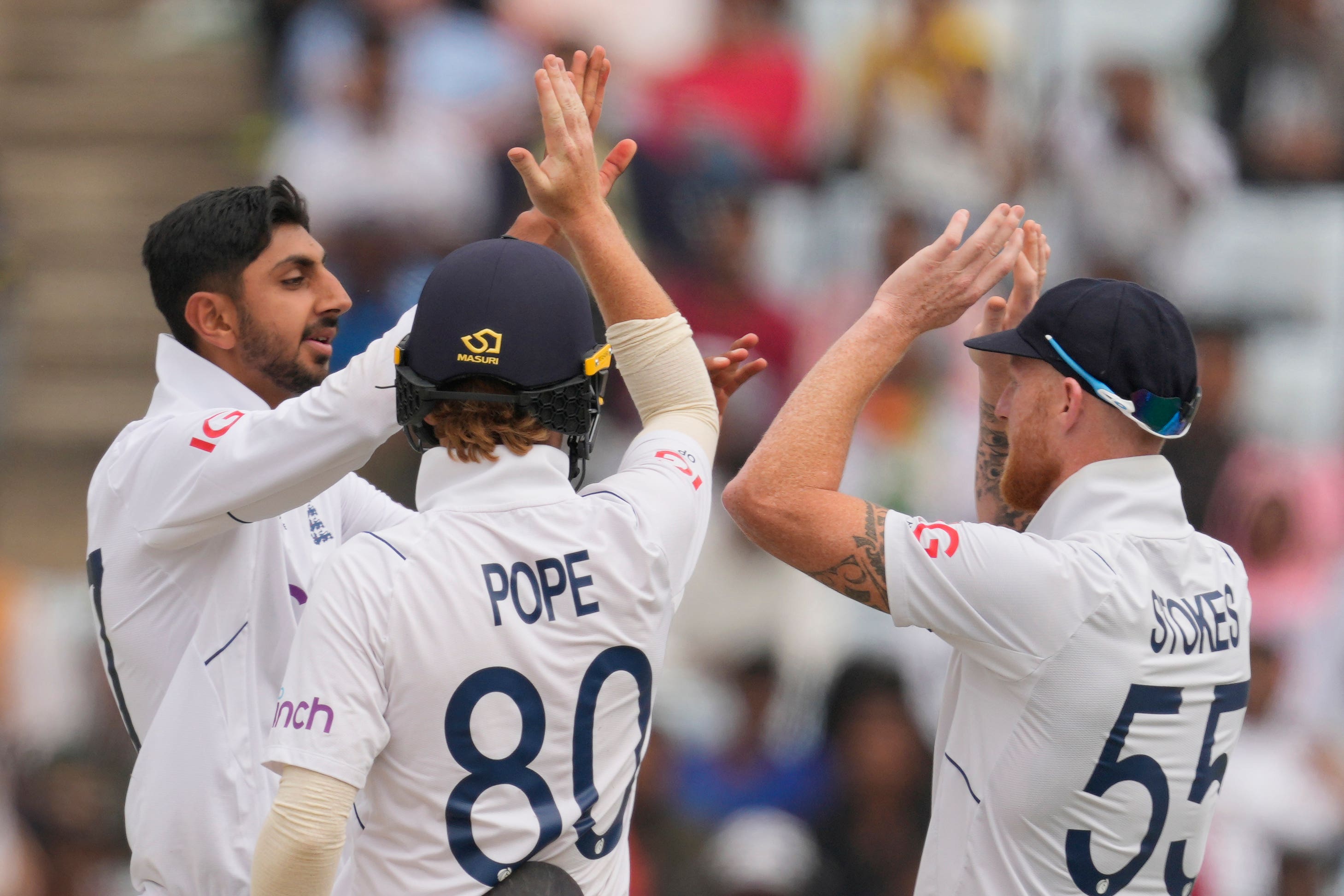 Shoaib Bashir, left, was the pick of England’s bowlers (Ajit Solanki/AP)