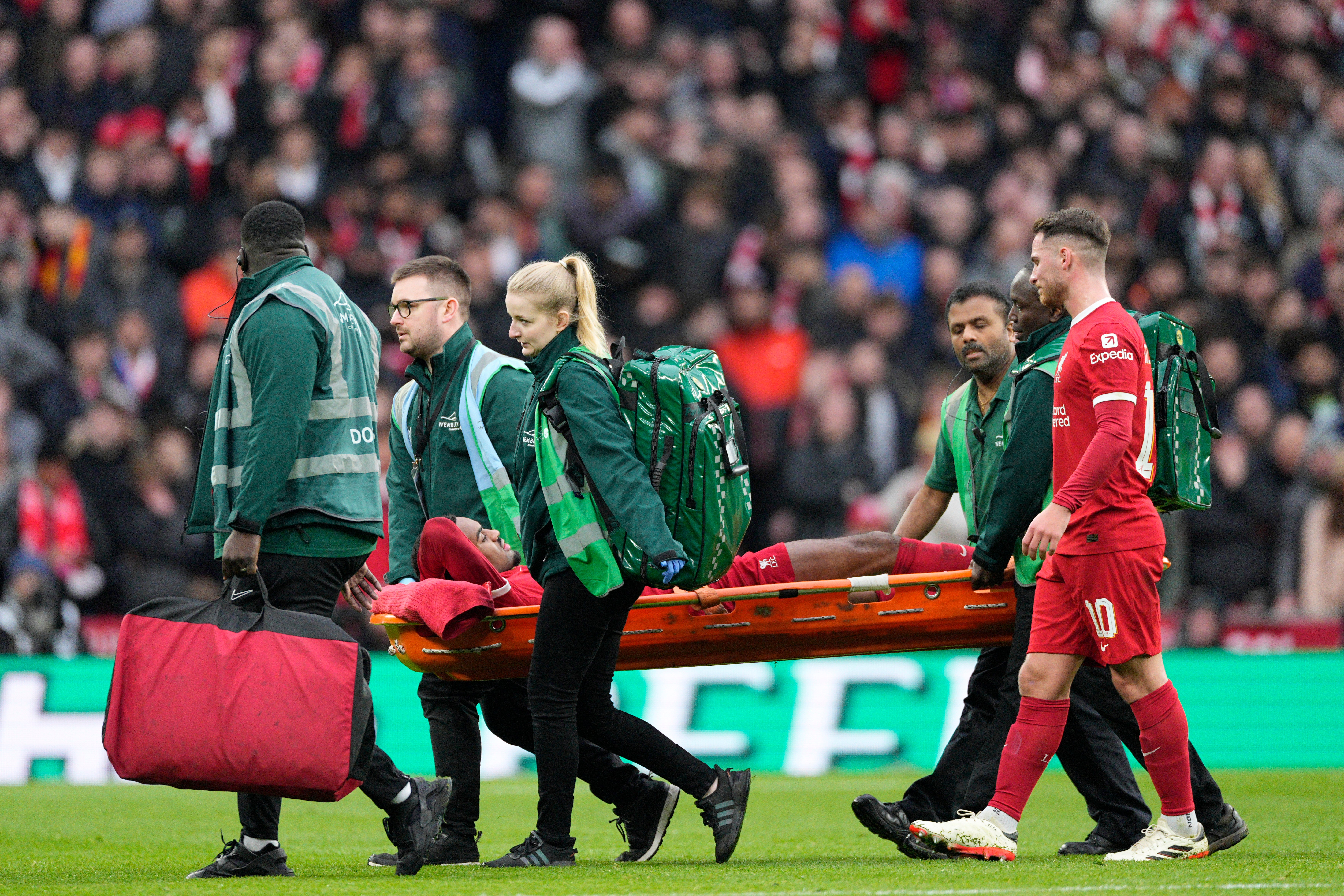 Gravenberch was carried off the Wembley turf on a stretcher