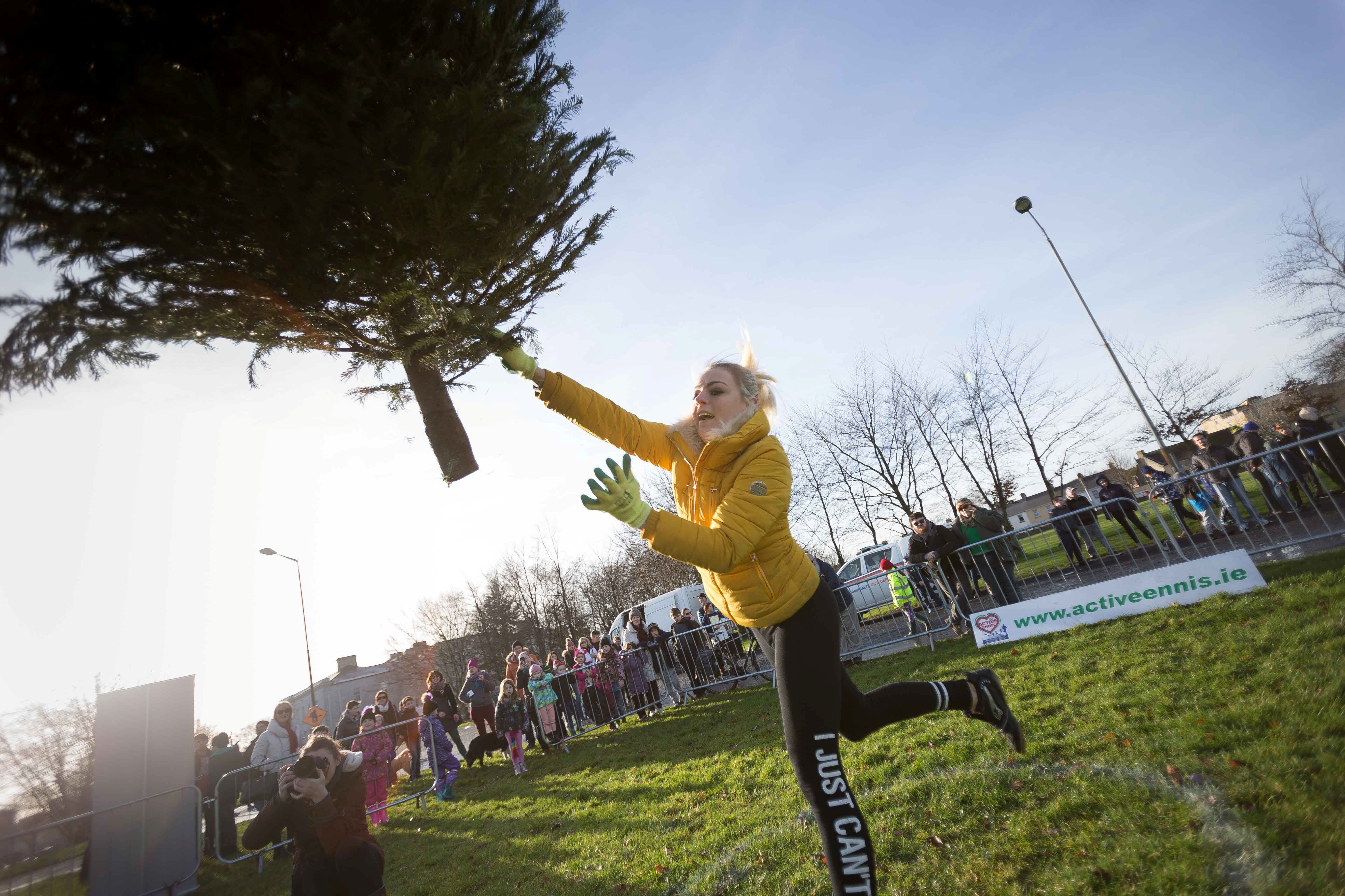 Kamila Grabska wins the ladies section in the seventh annual Christmas Tree throwing Championships in Ennis, Co Clare, in 2018