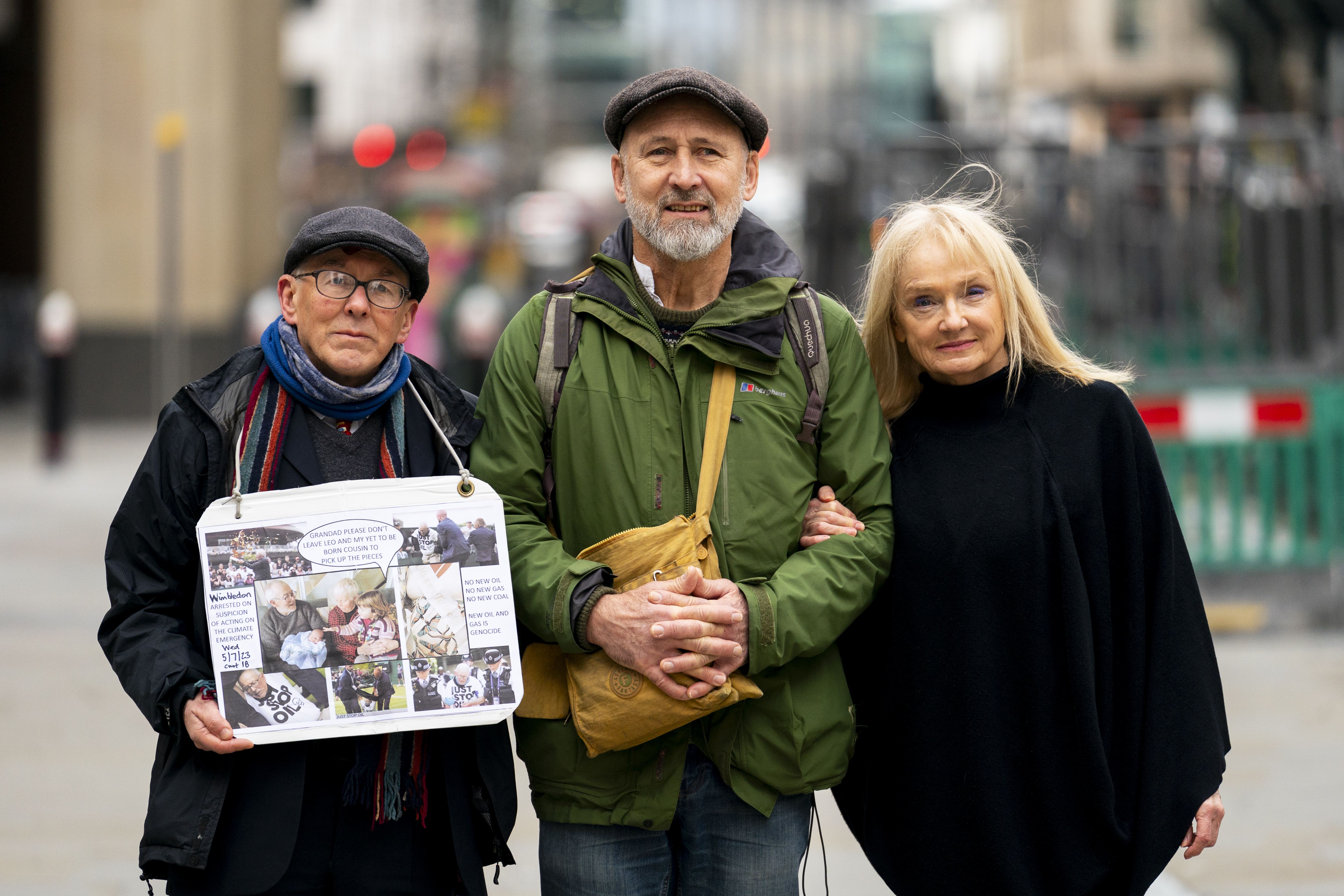 William Ward, Simon Milner-Edwards and Deborah Wilde arrive at the City Of London Magistrates’ Court. They deny charges of aggravated trespass (Jordan Pettitt/PA)