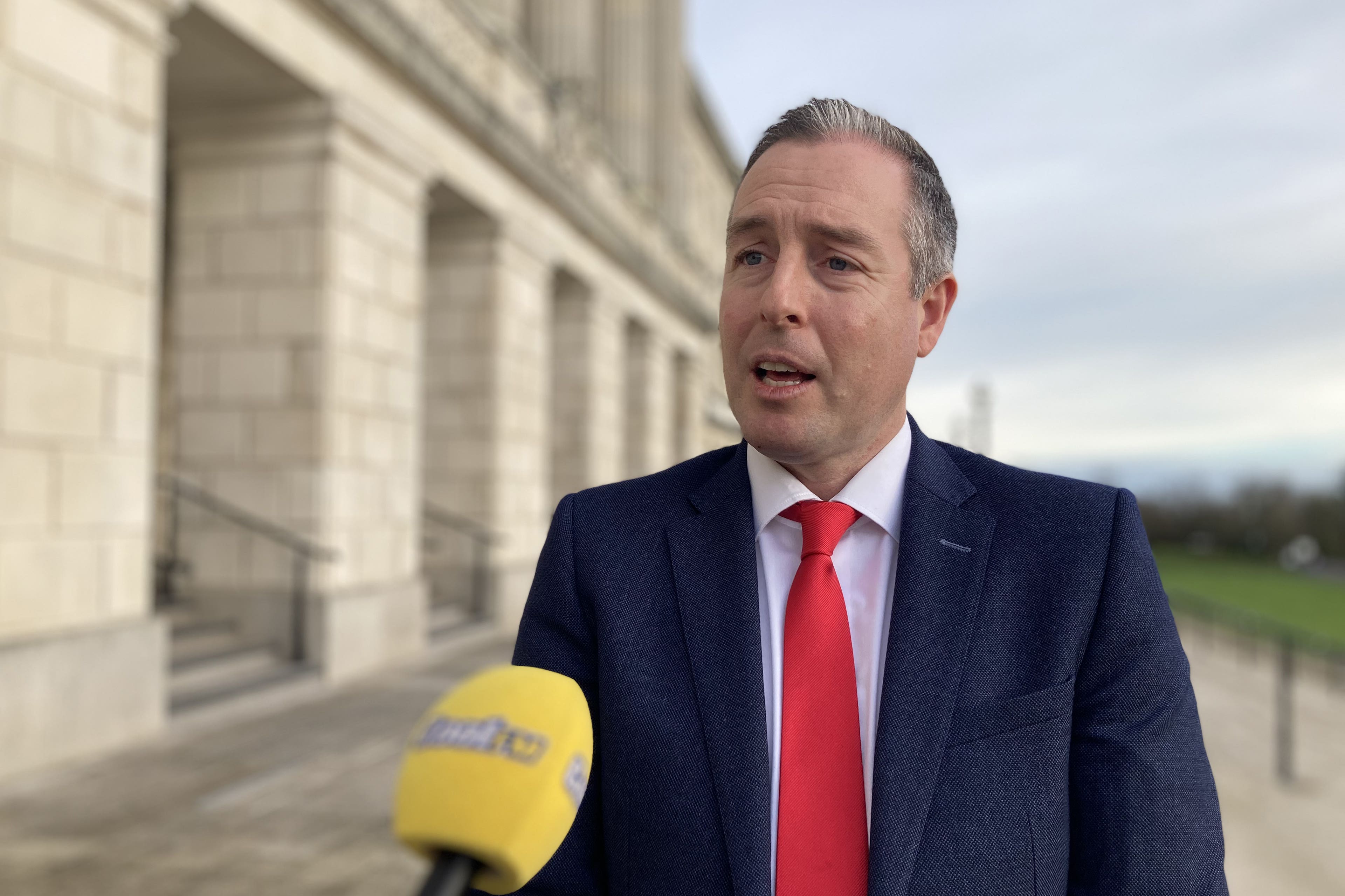 Stormont Education Minister Paul Givan speaks with the media outside Parliament Buildings in Belfast. He welcomed the statement by teachers’ unions that they have put on hold planned strike dates ahead of fresh talks on pay with employers, which are due to start next week. Picture date: Tuesday February 13, 2024.