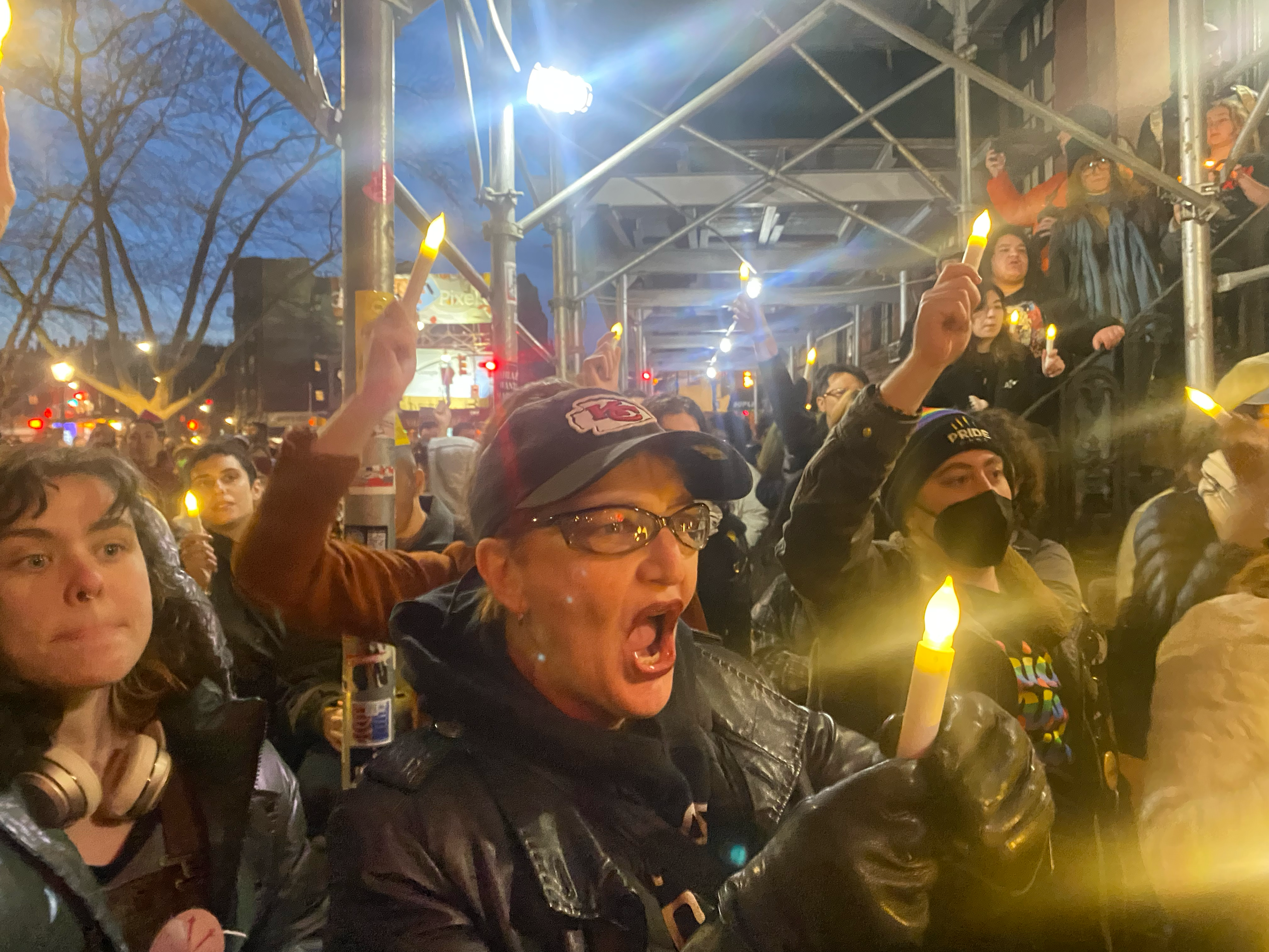 Hundreds of New Yorkers gathered for a candlelight vigil at the Stonewall Inn in the West Village on Monday to remember nonbinary Oklahoma teenager Nex Benedict