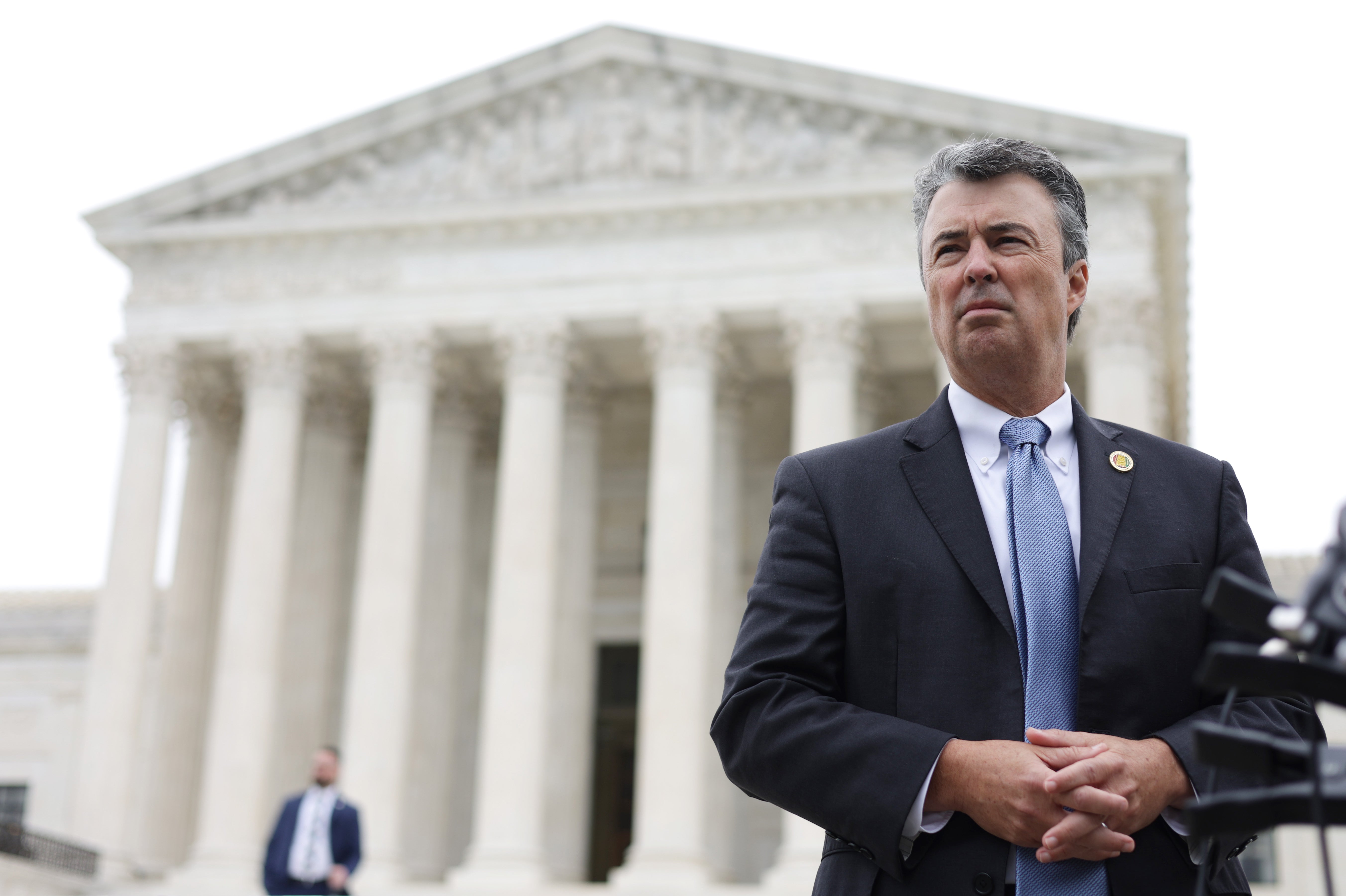 Attorney General of Alabama Steve Marshall speaks to members of the press after the oral argument of the Merrill v. Milligan case at the U.S. Supreme Court on 4 October 4 2022 in Washington, DC