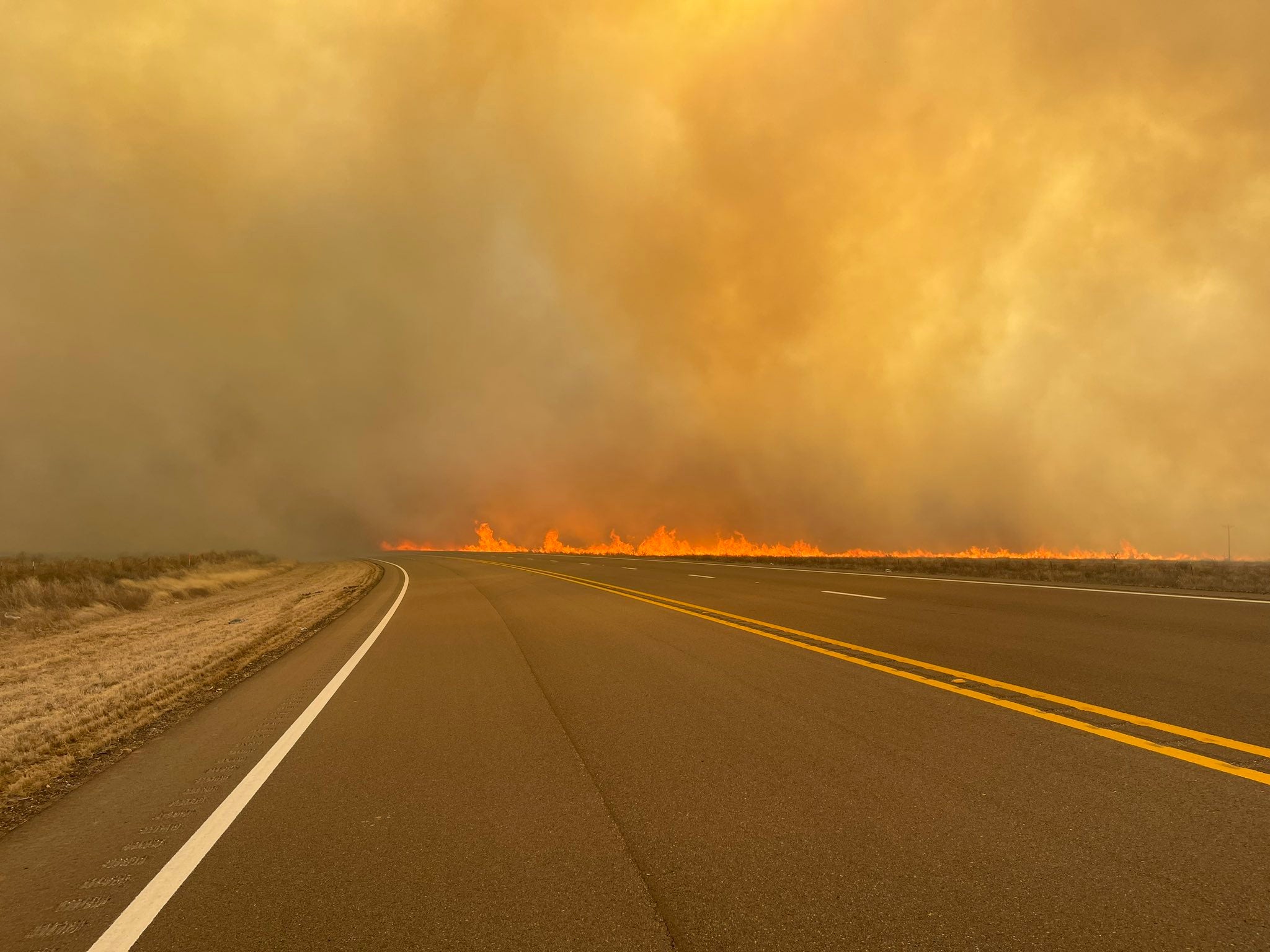 The Smoke House Creek fire in Hutchinson County, Texas pictured on Tuesday afternoon