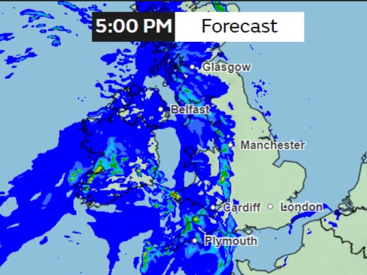 By evening at 5pm, this band of rain will cover large parts of England and Scotland, with parts of Southwest seeing heavy rainfall