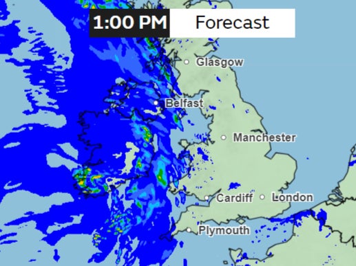 A band of rain will enter the UK covering Northern Ireland and Western parts by 1pm