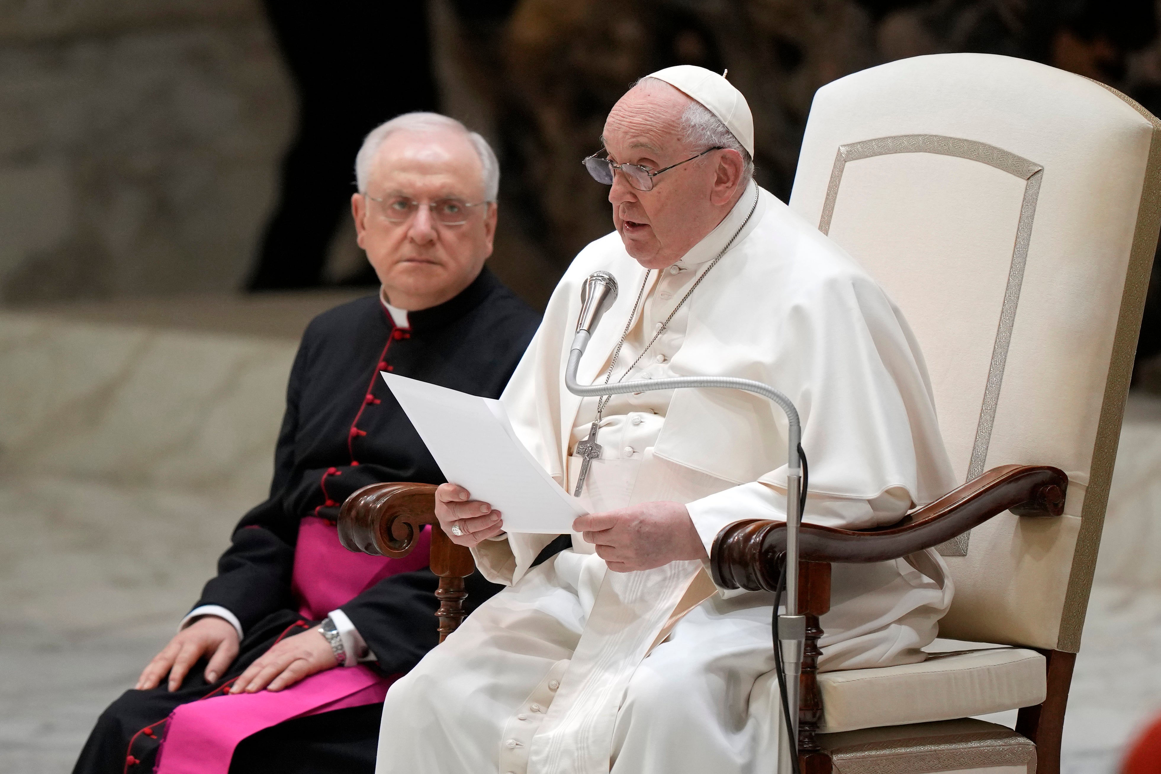 Pope Francis delivers his speech during his weekly general audience in the Paul VI Hall