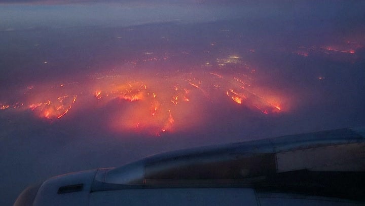 An aerial view of the fire threatening the nuclear weapons plant in Texas