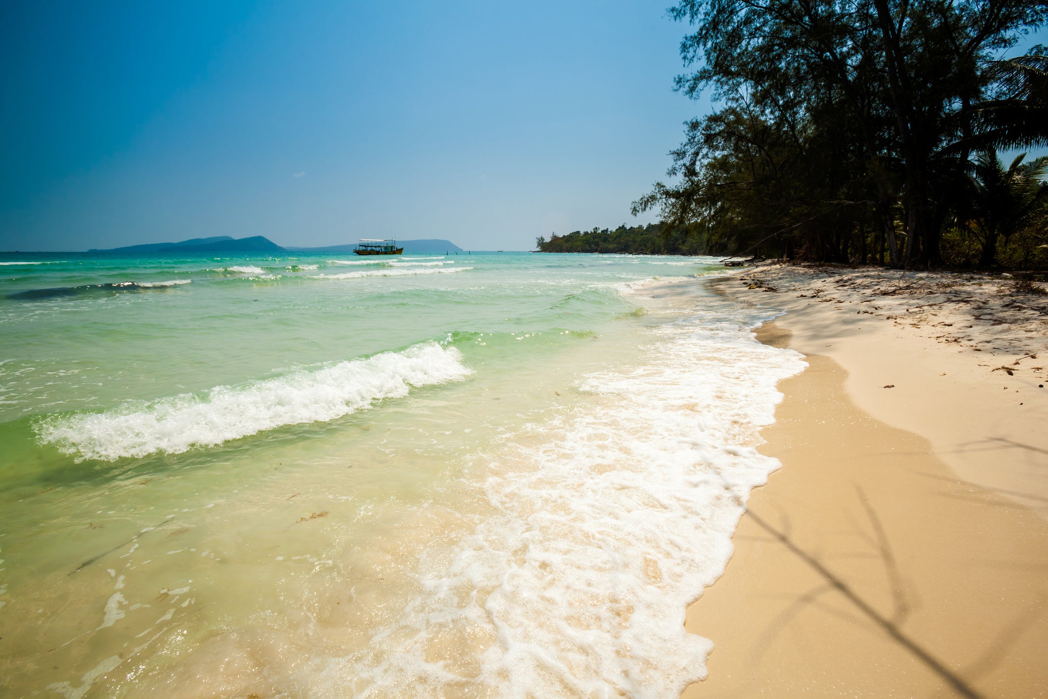 The white sands of Long Set Beach, Koh Rong, are backed by jungle