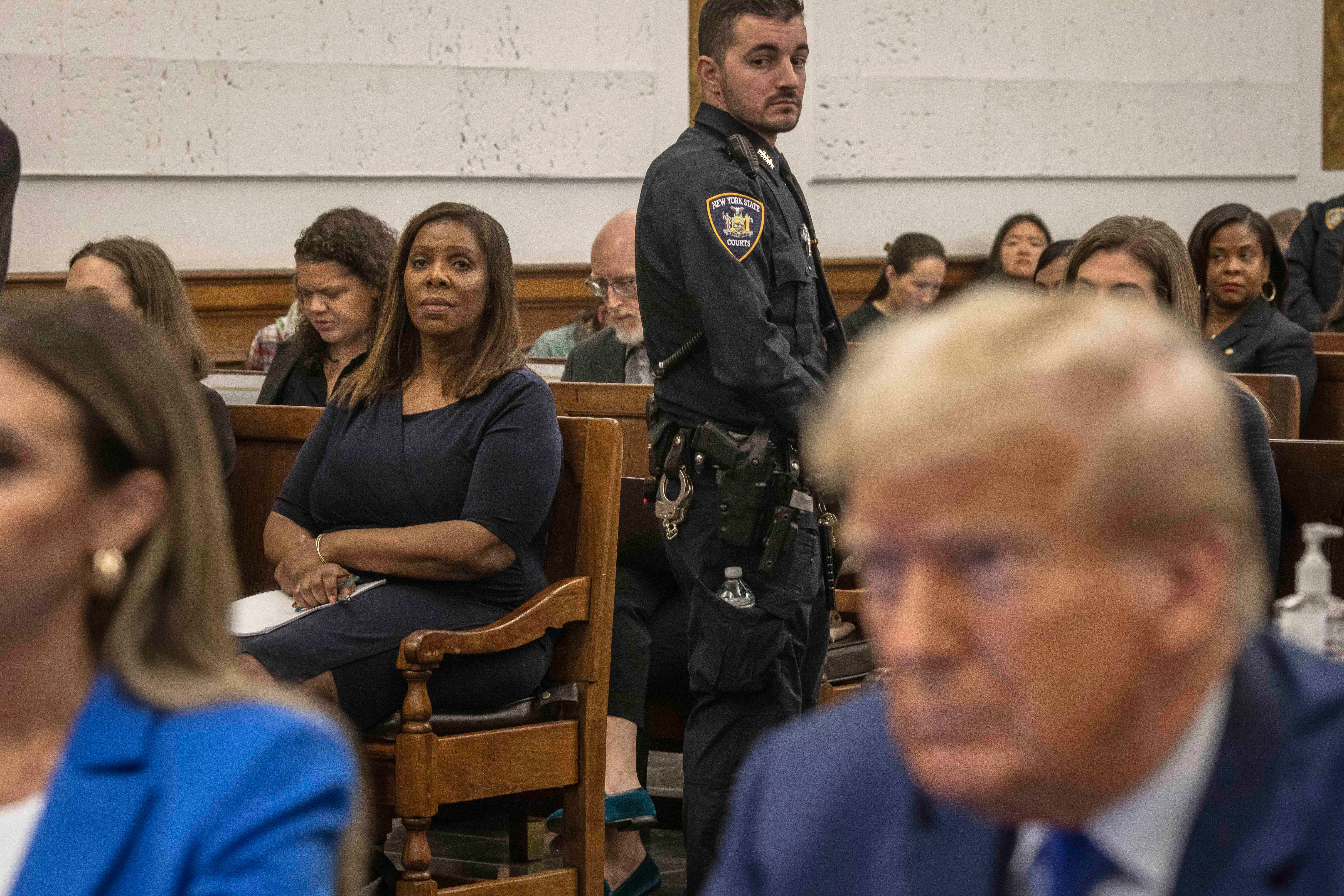 New York Attorney General Letitia James watches Donald Trump at his civil fraud trial in New York on 25 October, 2023