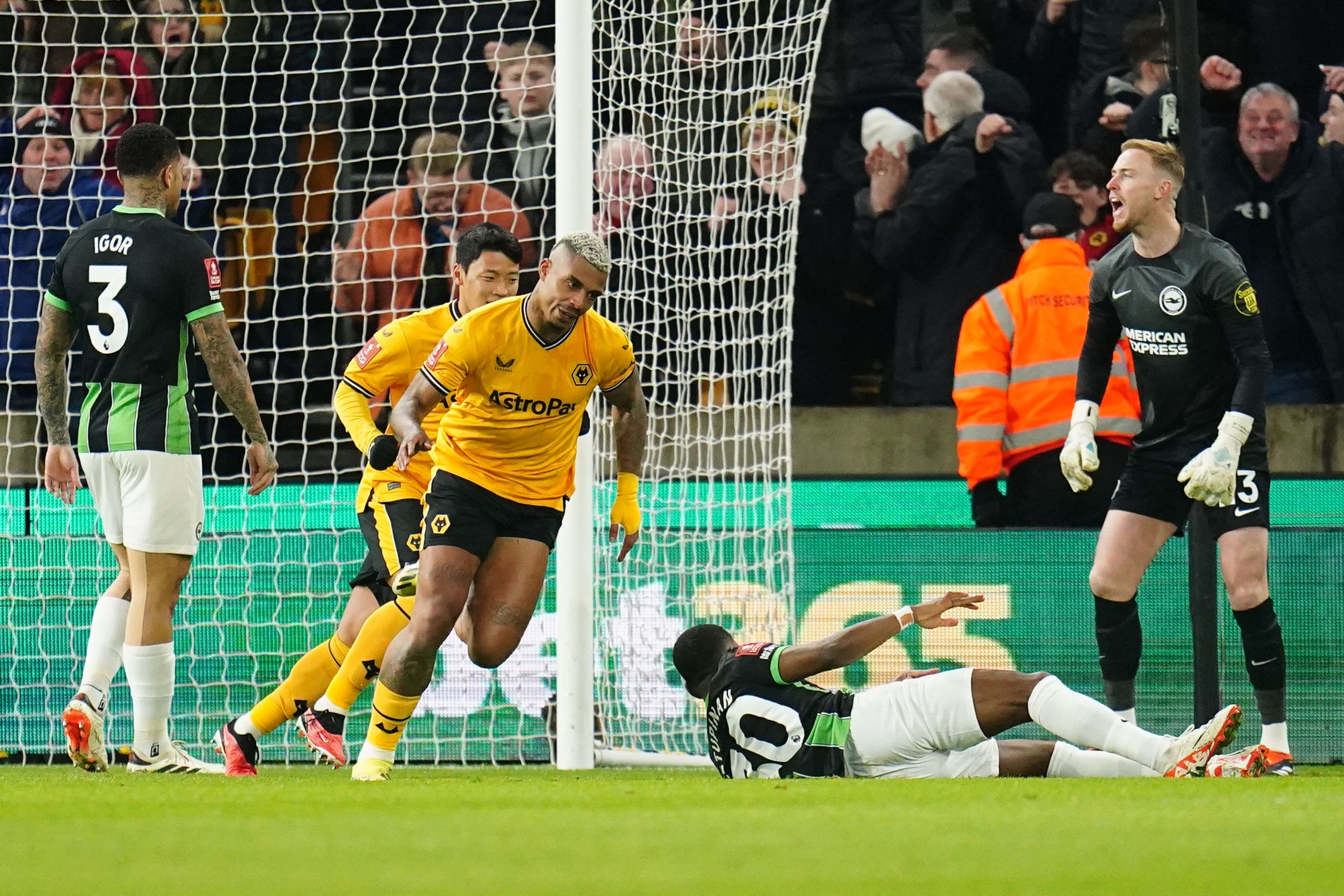 Mario Lemina celebrates his FA Cup goal against Brighton. (Nick Potts/PA)