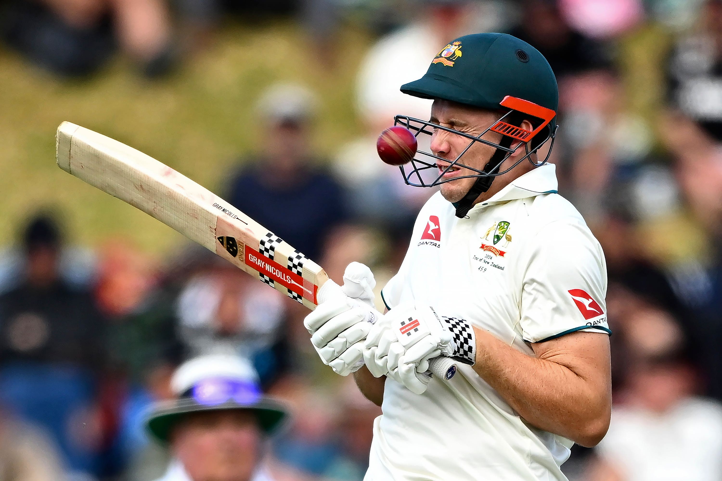 Australia’s Cameron Green is hit by a ball from New Zealand’s Will O’Rourke (Kerry Marshall/Photosport/AP)