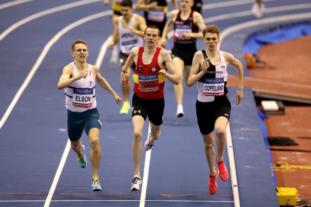 <p>Callum Elson battles with Adam Fogg and Piers Copeland at British Indoor Championships </p>