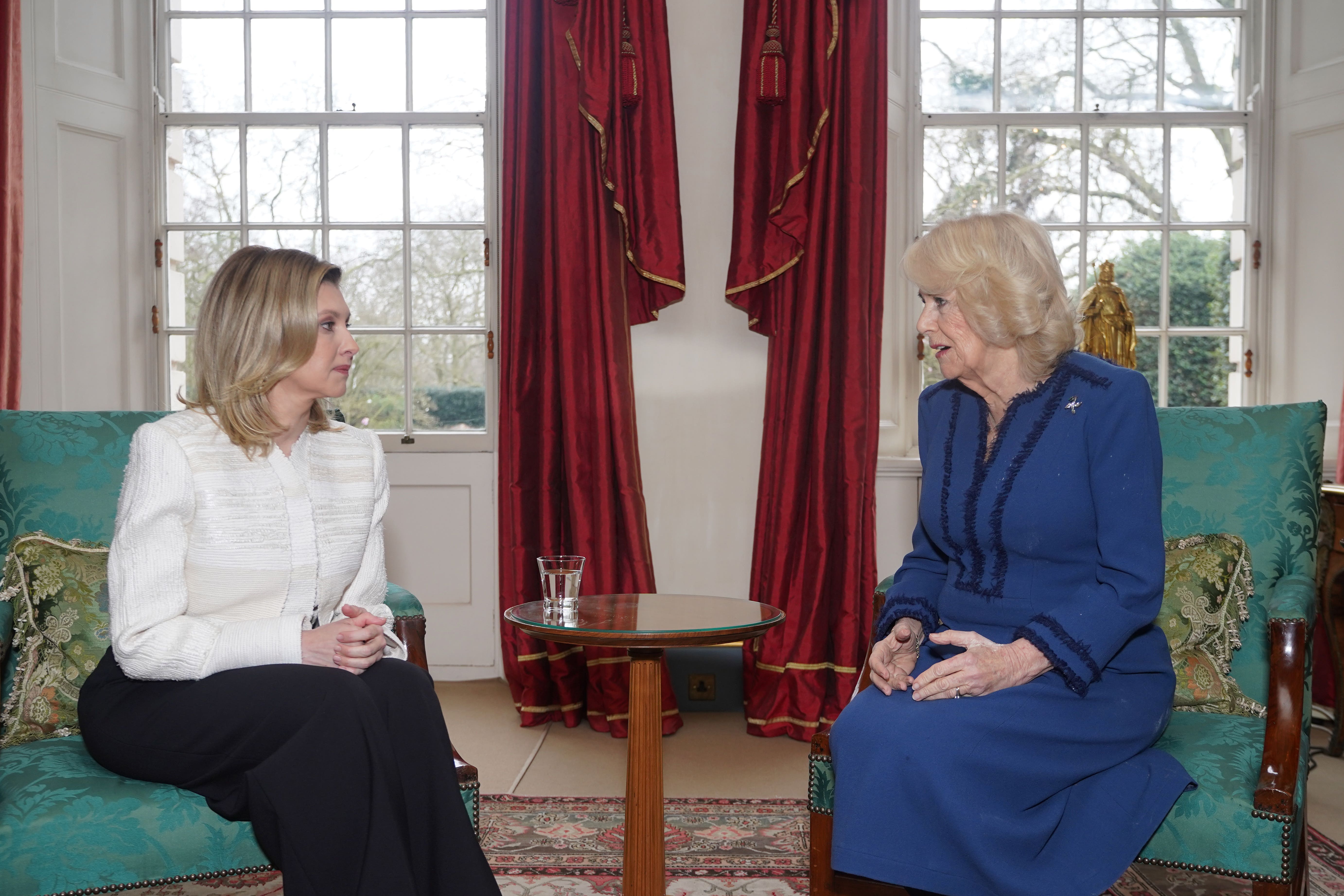 Queen Camilla during a meeting with the First Lady of Ukraine, Olena Zelenska, at Clarence House (Yui Mok/PA)