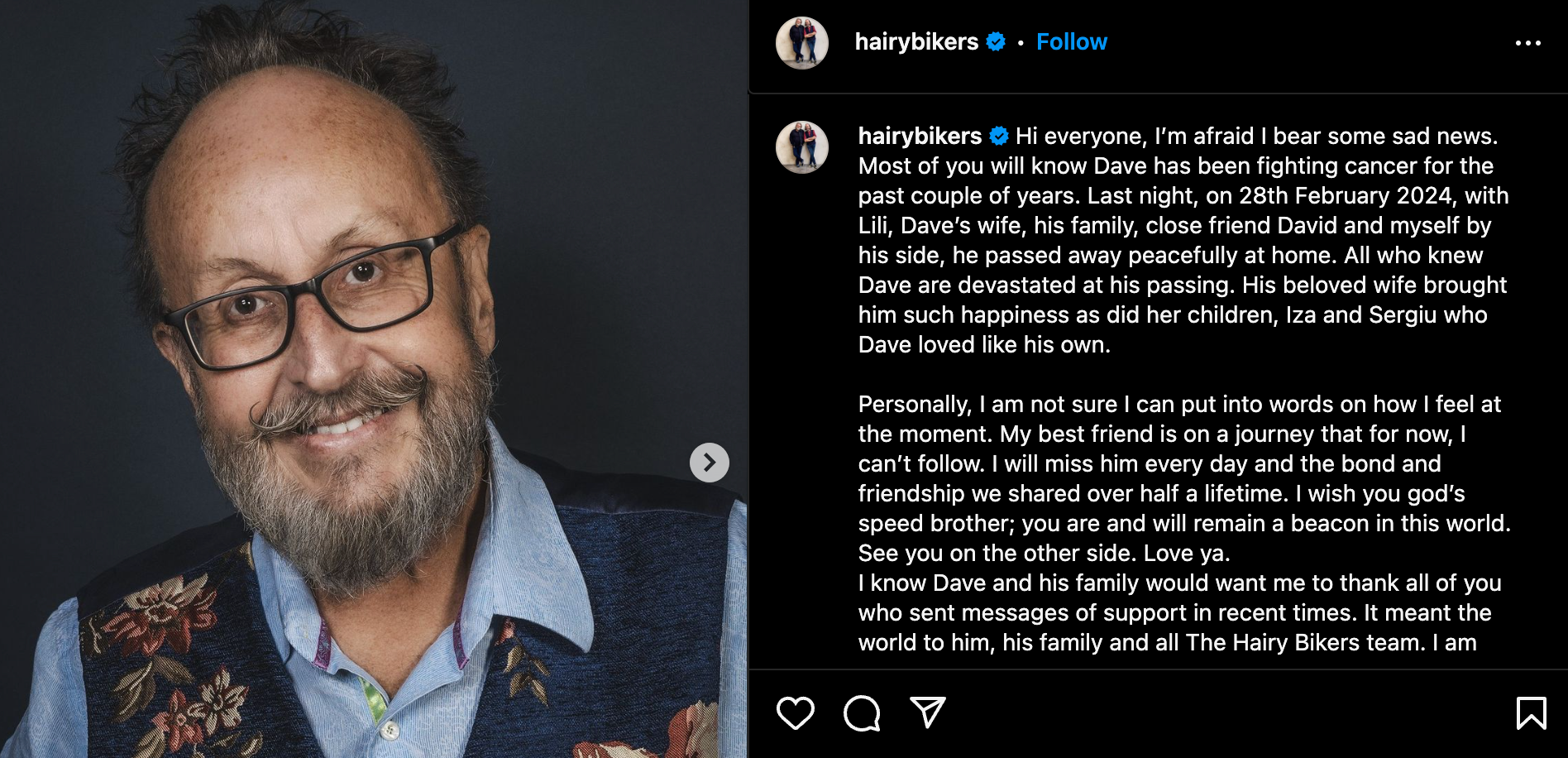 ‘Hairy Biker’ Si King announces co-star Dave Myers’s death