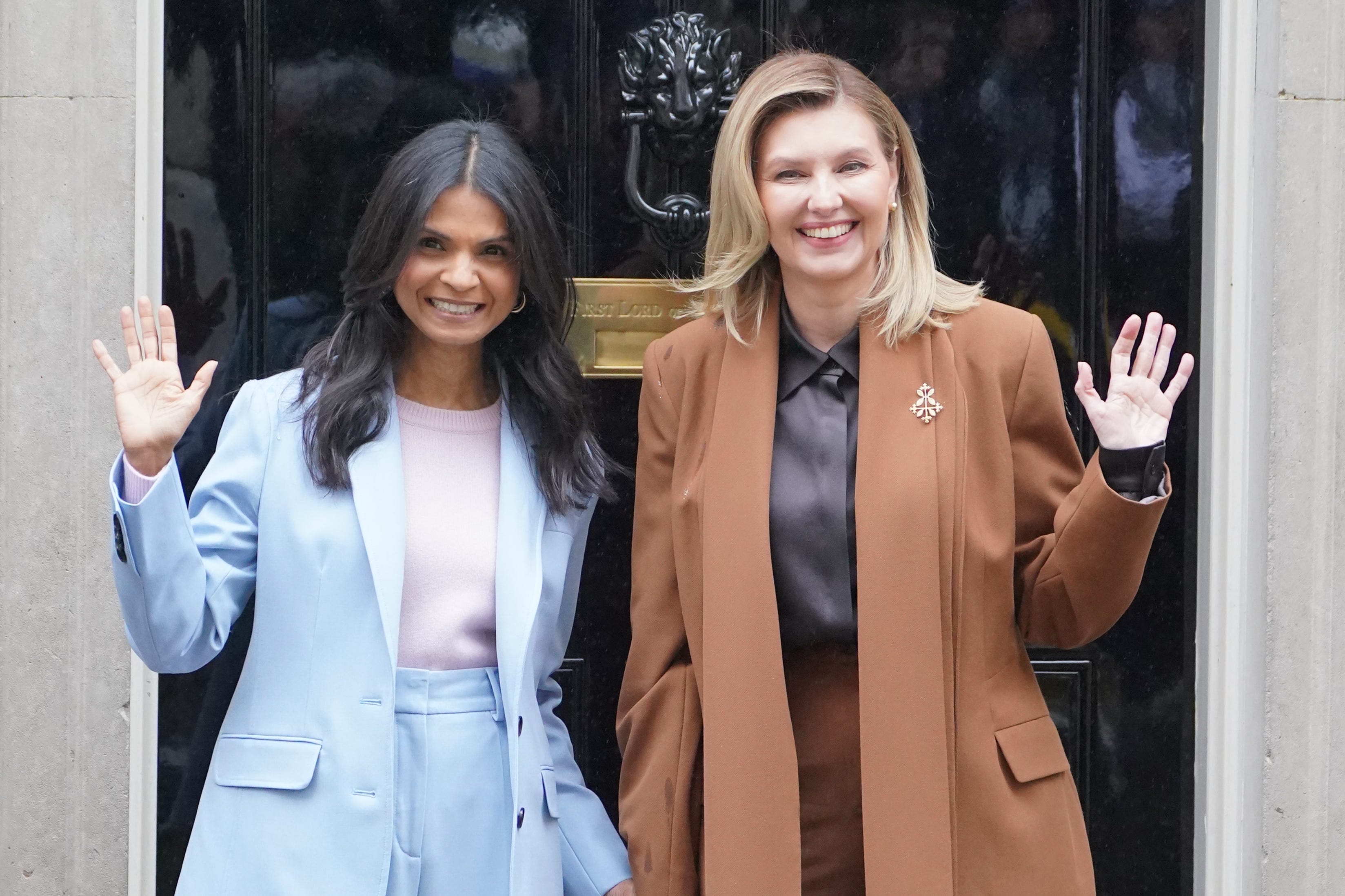 Prime Minister Rishi Sunak’s wife Akshata Murty welcomes Olena Zelenska to Downing Street (Jonathan Brady/PA)