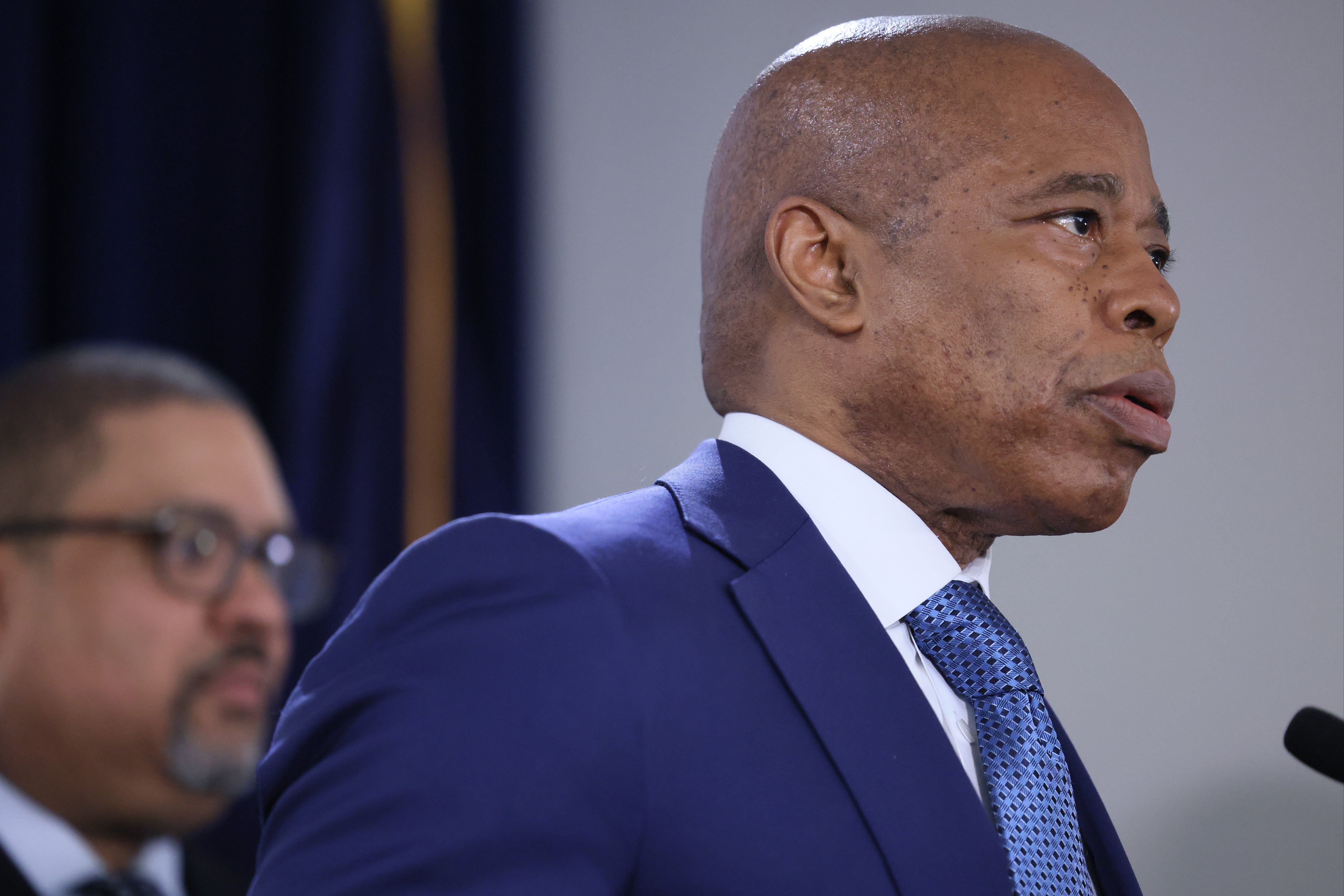 Mayor Eric Adams speaks during a press conference at the office of the District Attorneys on February 08, 2024 in New York City.