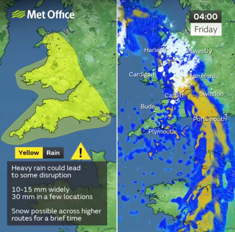 Mao shows Met Office rainfall forecast for early morning and areas under yellow weather warning for rain