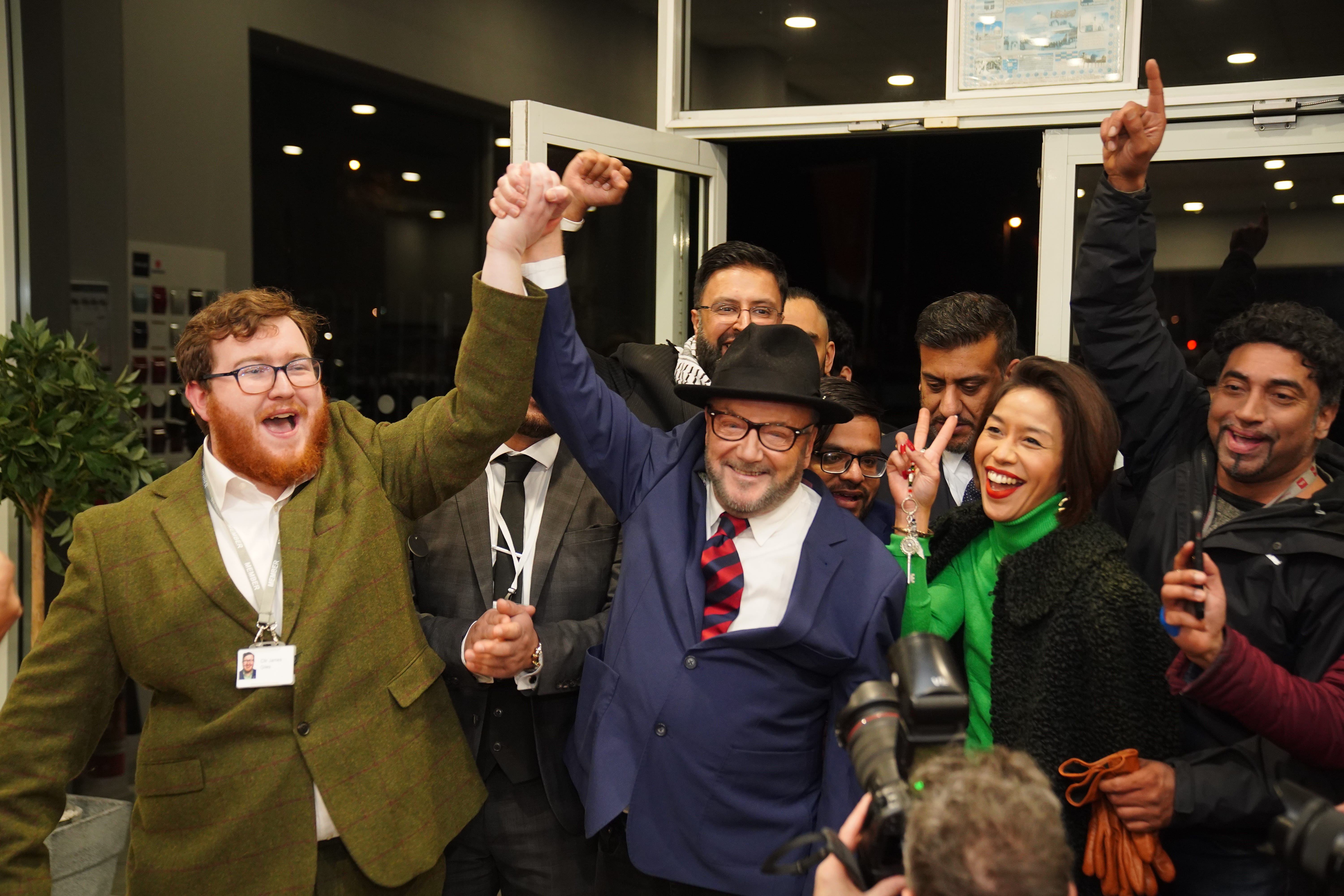 George Galloway holds a rally at his HQ after being declared winner of the Rochdale by-election (Peter Byrne/PA)